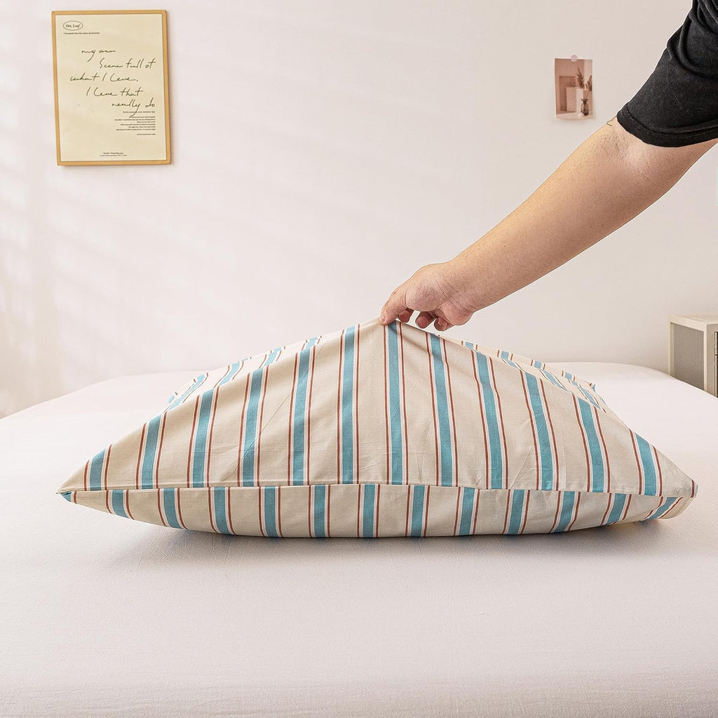 ECOCOTT Striped Pillowcases Standard Size Set of 2, 100% Washed Cotton Pillow Cases with Envelope Closure, Blue&Brown Ticking Stripe…