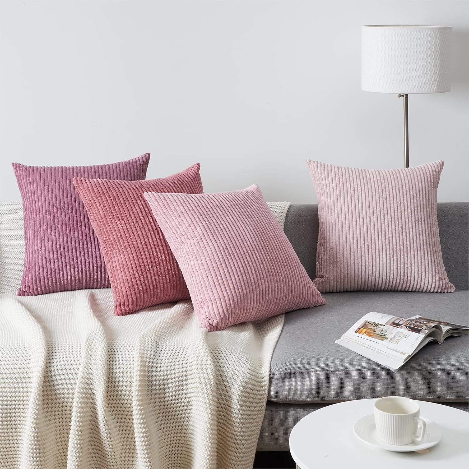 Topfinel Throw Pillow Cover 4pc Set - Multi Pink Combo - 26" x 26" Solid Cozy Corduroy Square Accent Decorative Cushion Case for Couch Sofa…