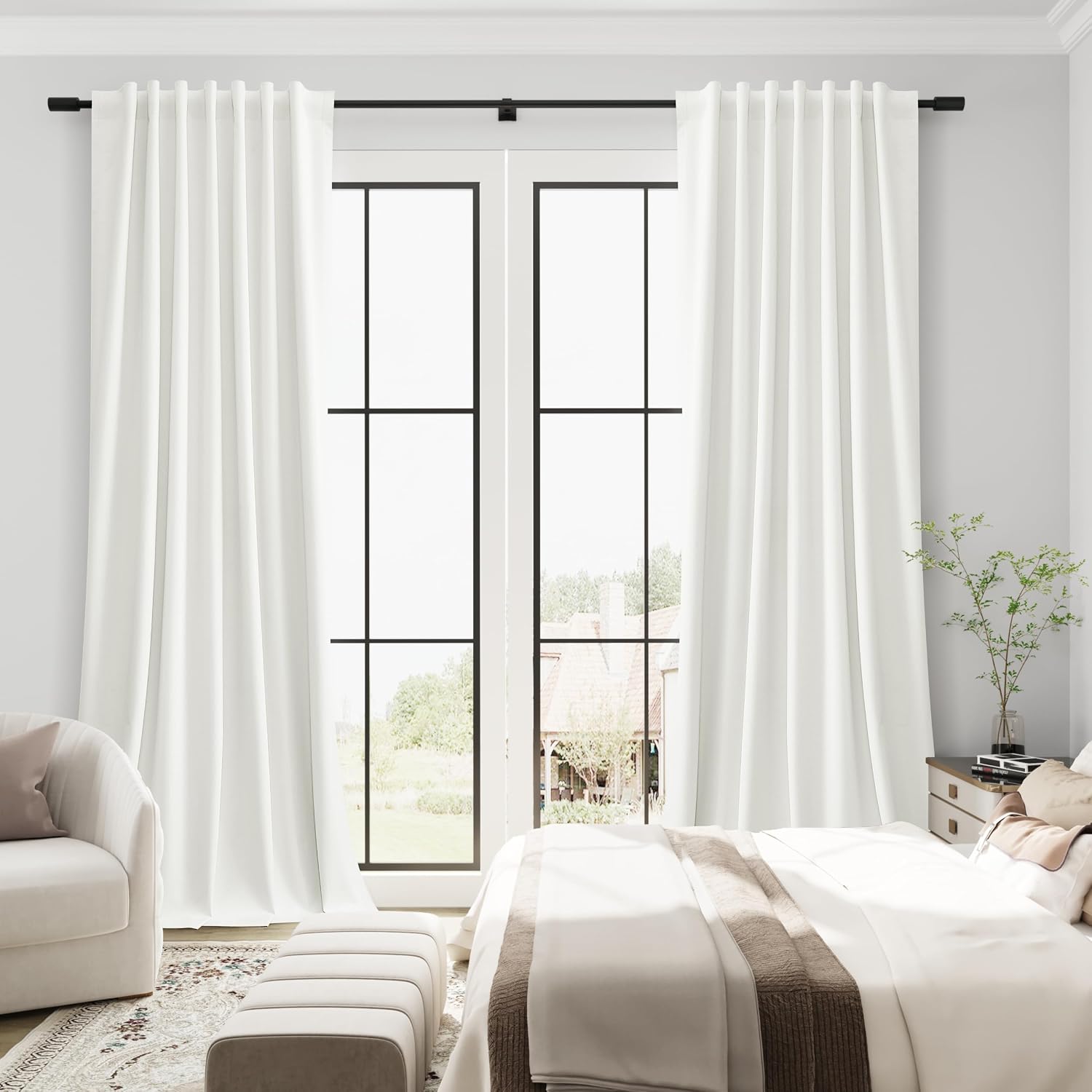 Guken Ivory Linen 100% Blackout Curtains for Bedroom 90 Inches Long 2 Panels Set Textured Hook Belt Light Blocking Thermal Insulated Soundp…