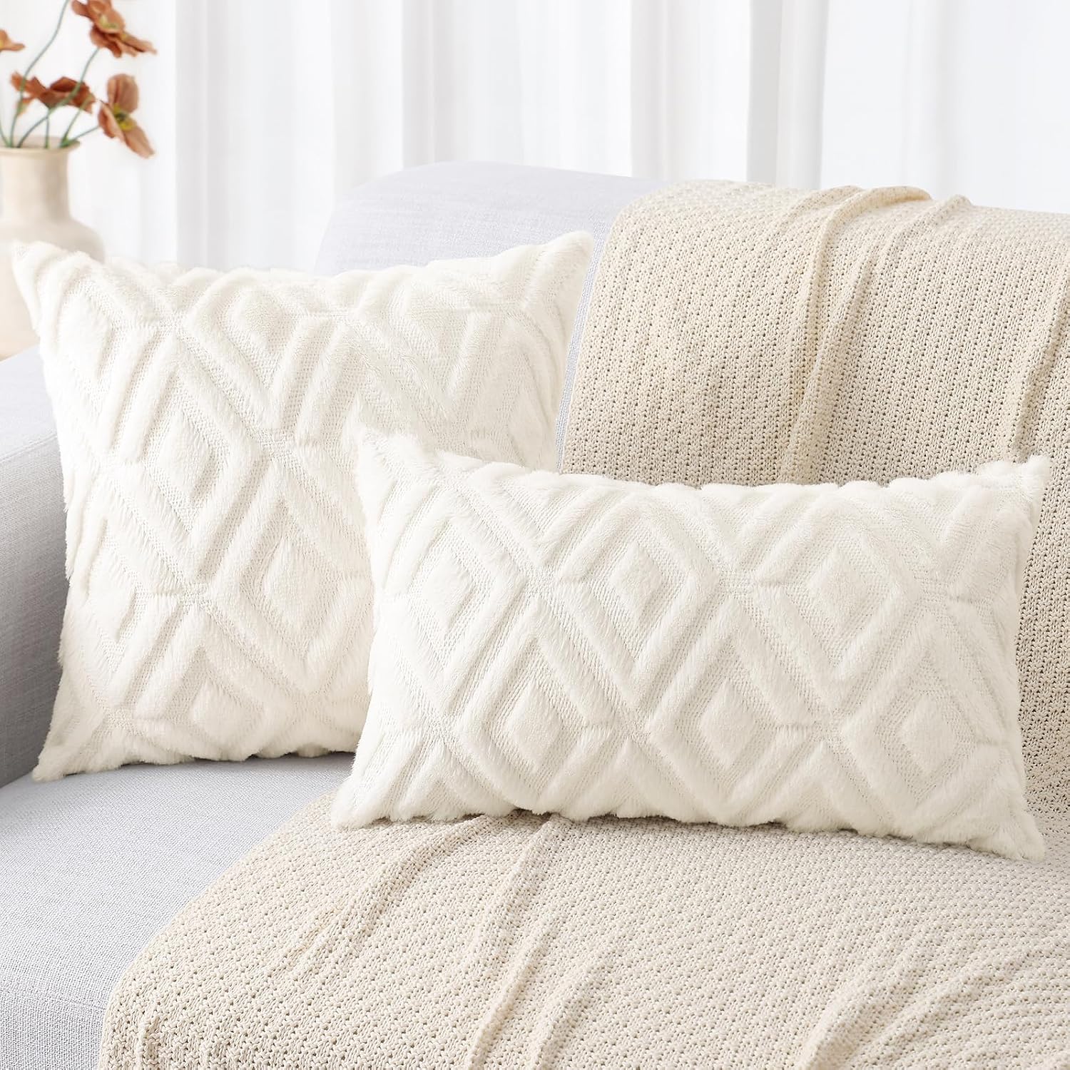 decorUhome Summer Couch Throw Pillow Covers 16x16 Set of 2, Decorative Soft Plush Faux Fur Wool Accent Pillow Covers for Modern Farmhouse B…