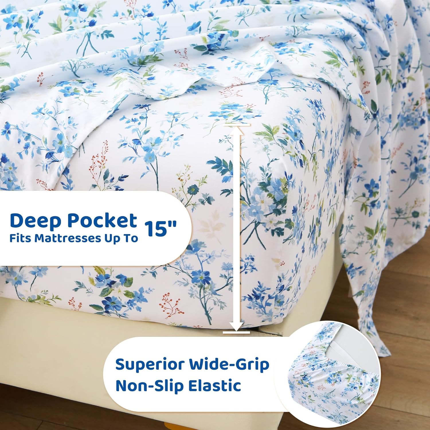 mooreeke Cozy Vintage Microfiber Printed Queen Sheet Set - Soft & Breathable Percale Blue Green Floral Bed Sheets with Extra Deep Pocket -…