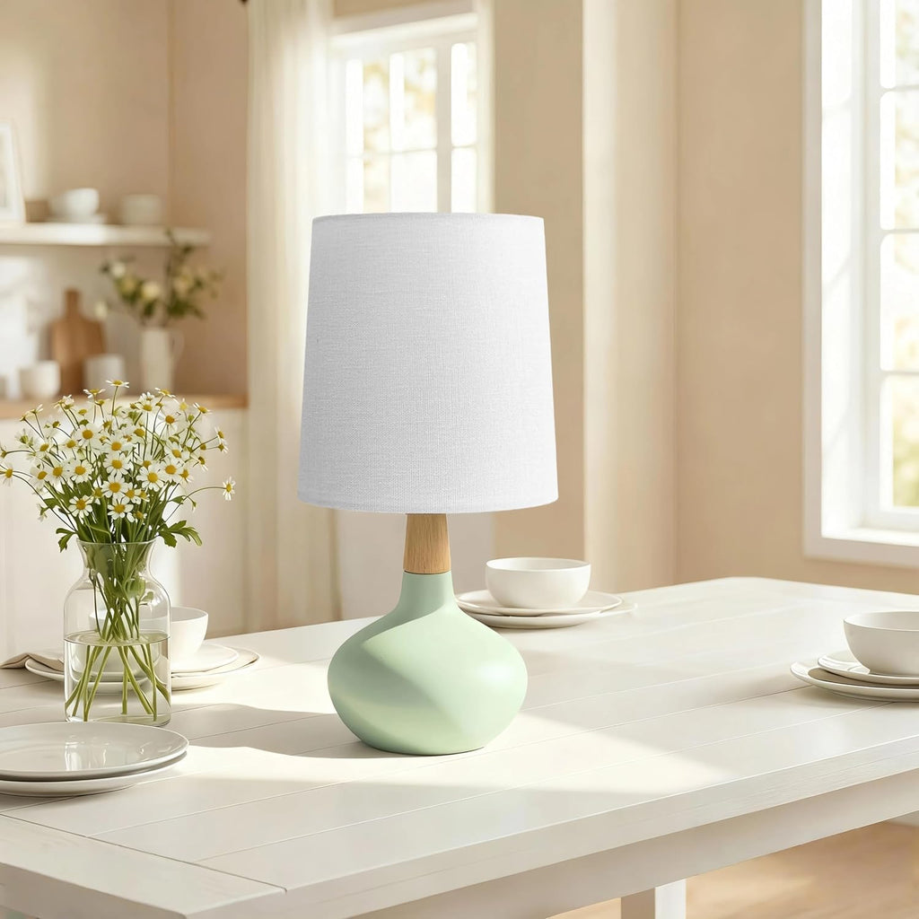 14" Ceramic Table Lamp Set of 2, Small Bedside Lamp with Natural Wood Stem & Linen Shade, Modern Farmhouse Night Lamp for Bedroom Living…