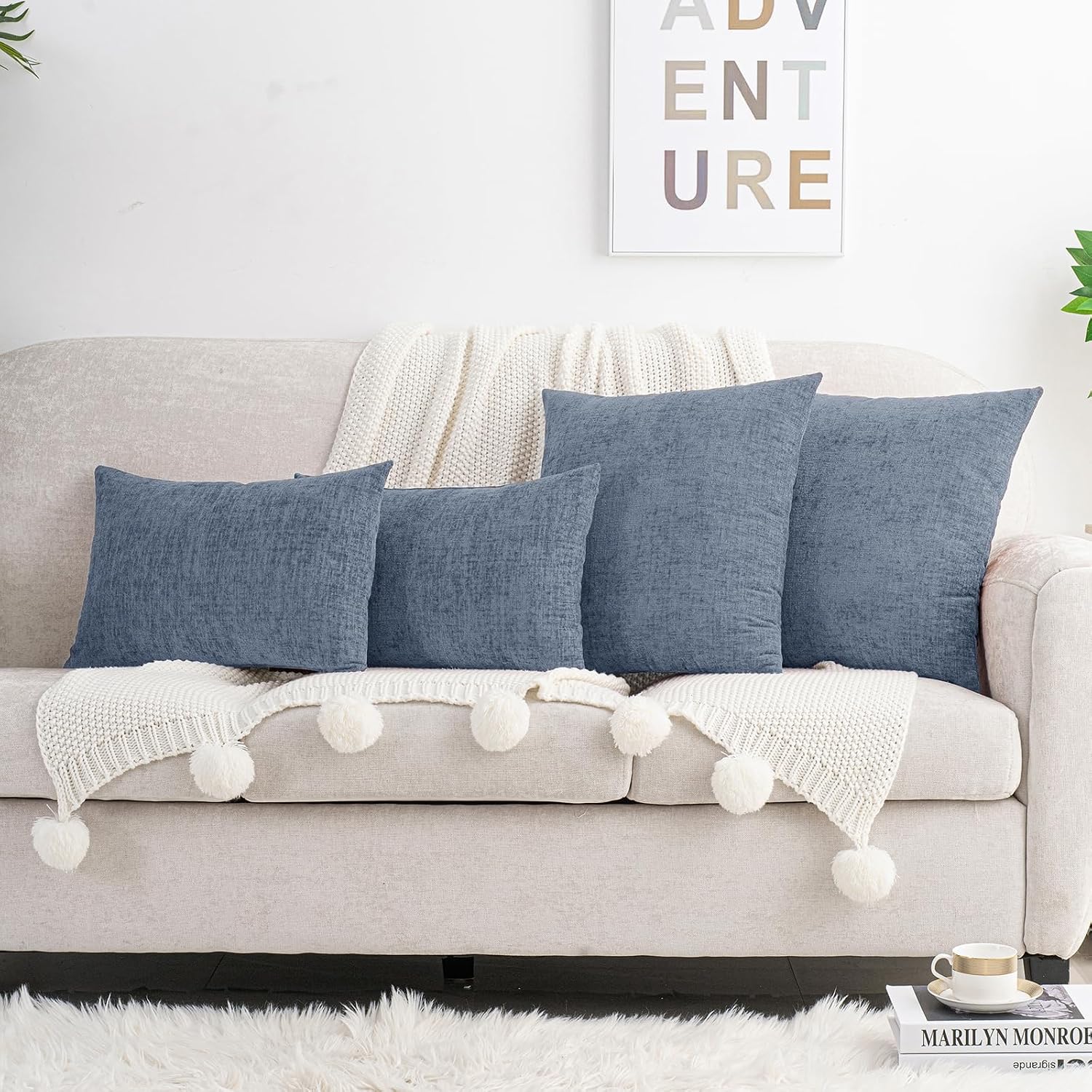 Hwy50 HWY 50 Dark Grey Blue Couch Pillow Covers 18x18 Inch Pack of 2, Soft Chenille Decorative Throw Pillow Cases Farmhouse for Sofa Living…