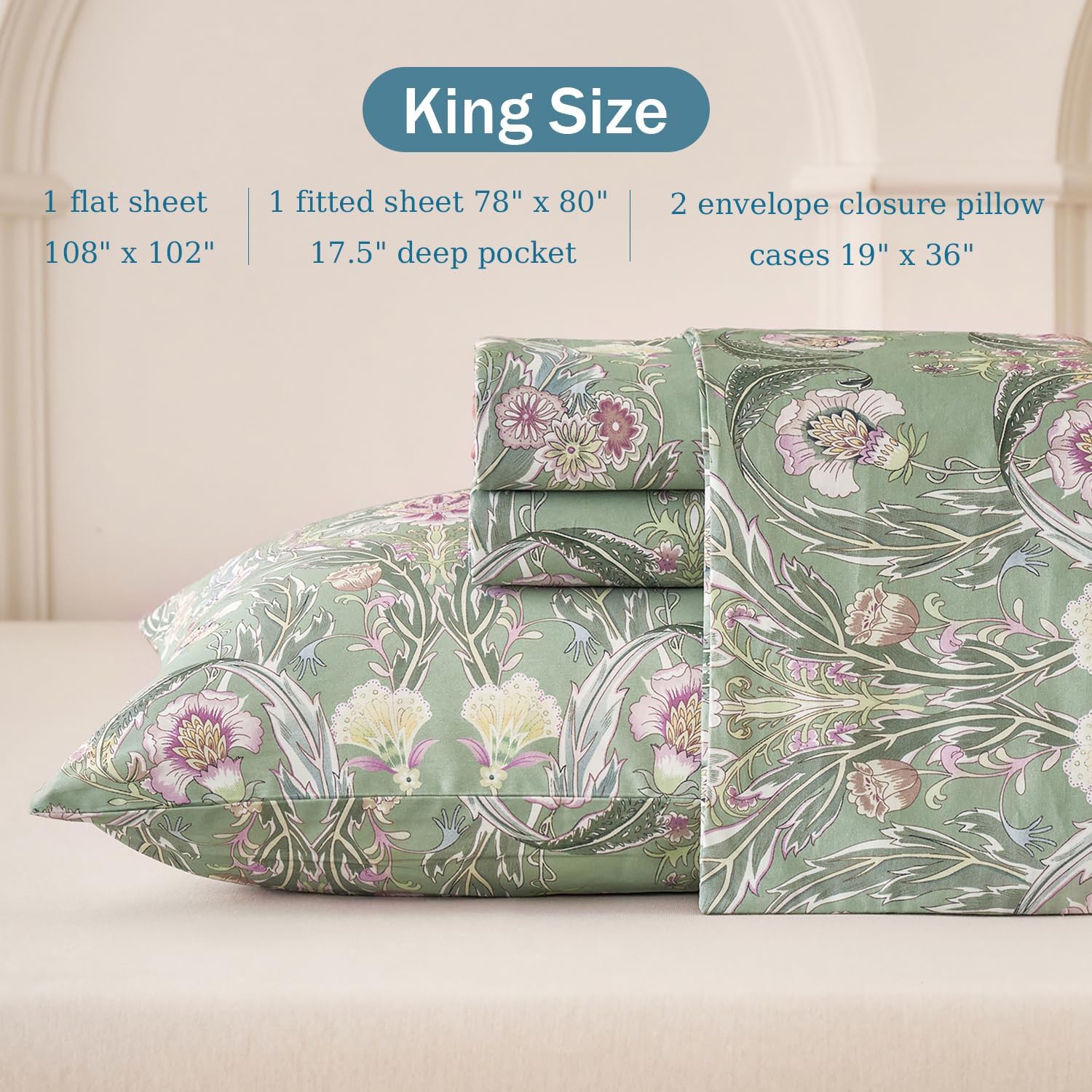 Softtouchsweetdreams Boho Sheets Silky Green Floral Bed Sheet Set King Size 100% Cotton Satin Weave Botanical Leaf Printed Cooling Sheets S…