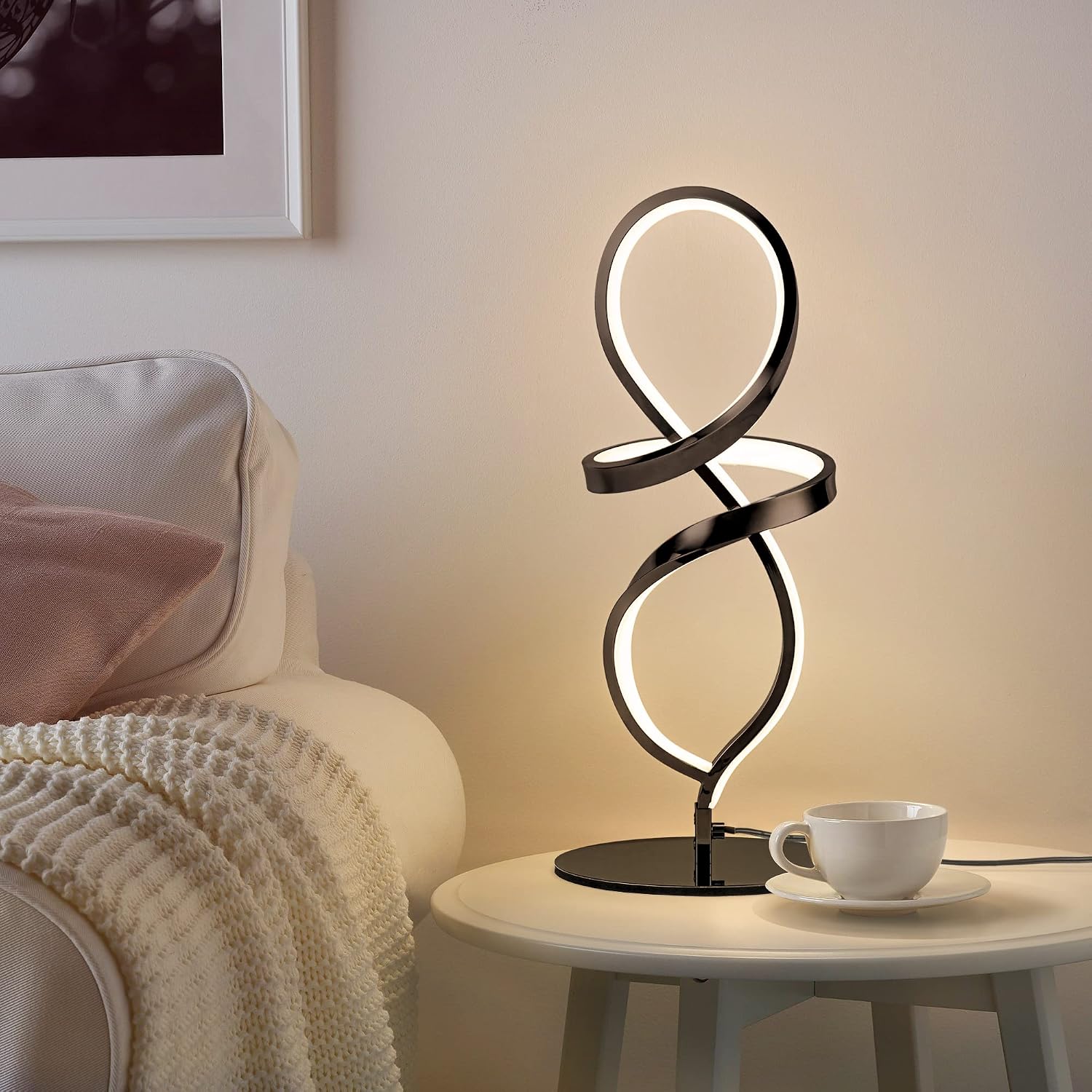 Mayful Modern Table Lamp with LED Unique Spiral Design, Small Nightstand Lamp with Stepless Dimming Switch, Black Bedside Lamps for…