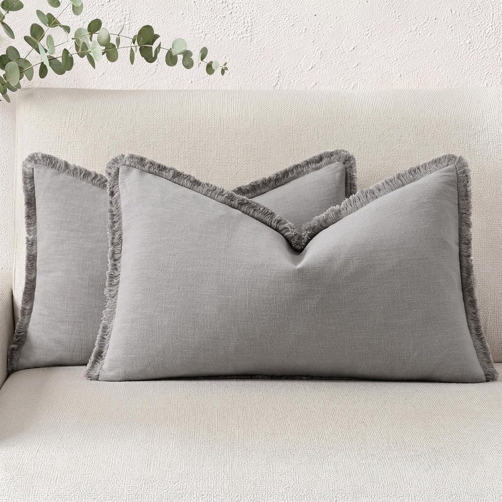 decorUhome Summer Decorative Neutral Linen Fringe Lumbar Throw Pillow Covers Set of 2 Light Grey Pillow Covers with Tassels Soft Farmhouse…