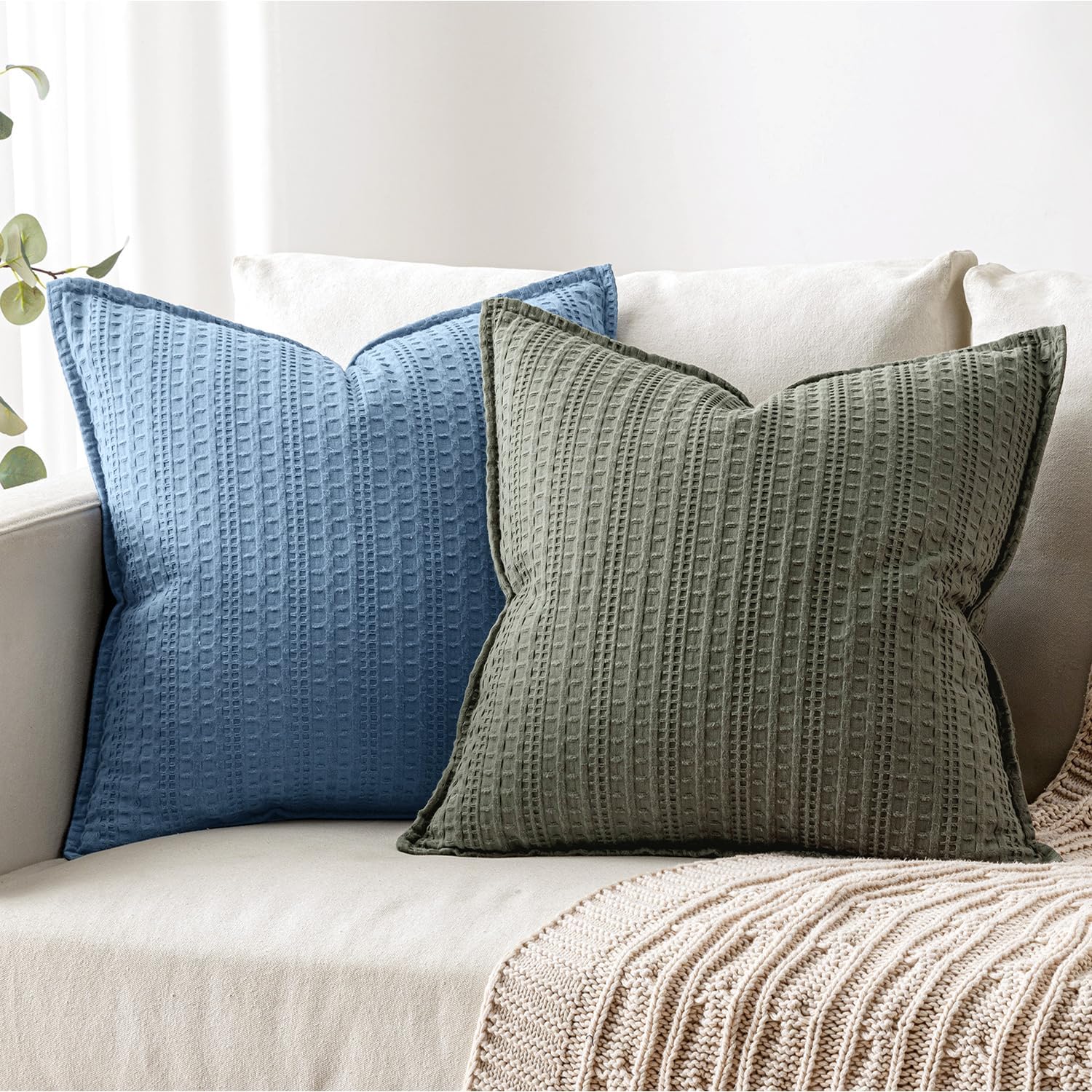 Set of 2 Decorative 100% Cotton Waffle Throw Pillow Covers 18x18, Neutral Coastal Euro Shams Weave European Cushion Cases for Couch Sofa…