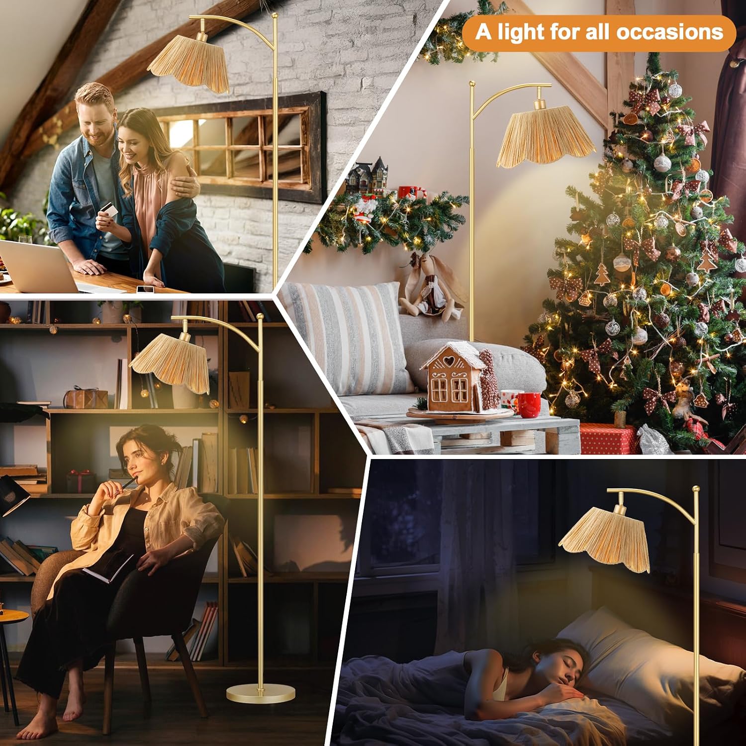 Ambimall 60" Floor Lamps for Living Room with 3 Color Temperatures, Gold Floor Lamp with Rattan Shade, Modern Tall Lamps for Bedroom…