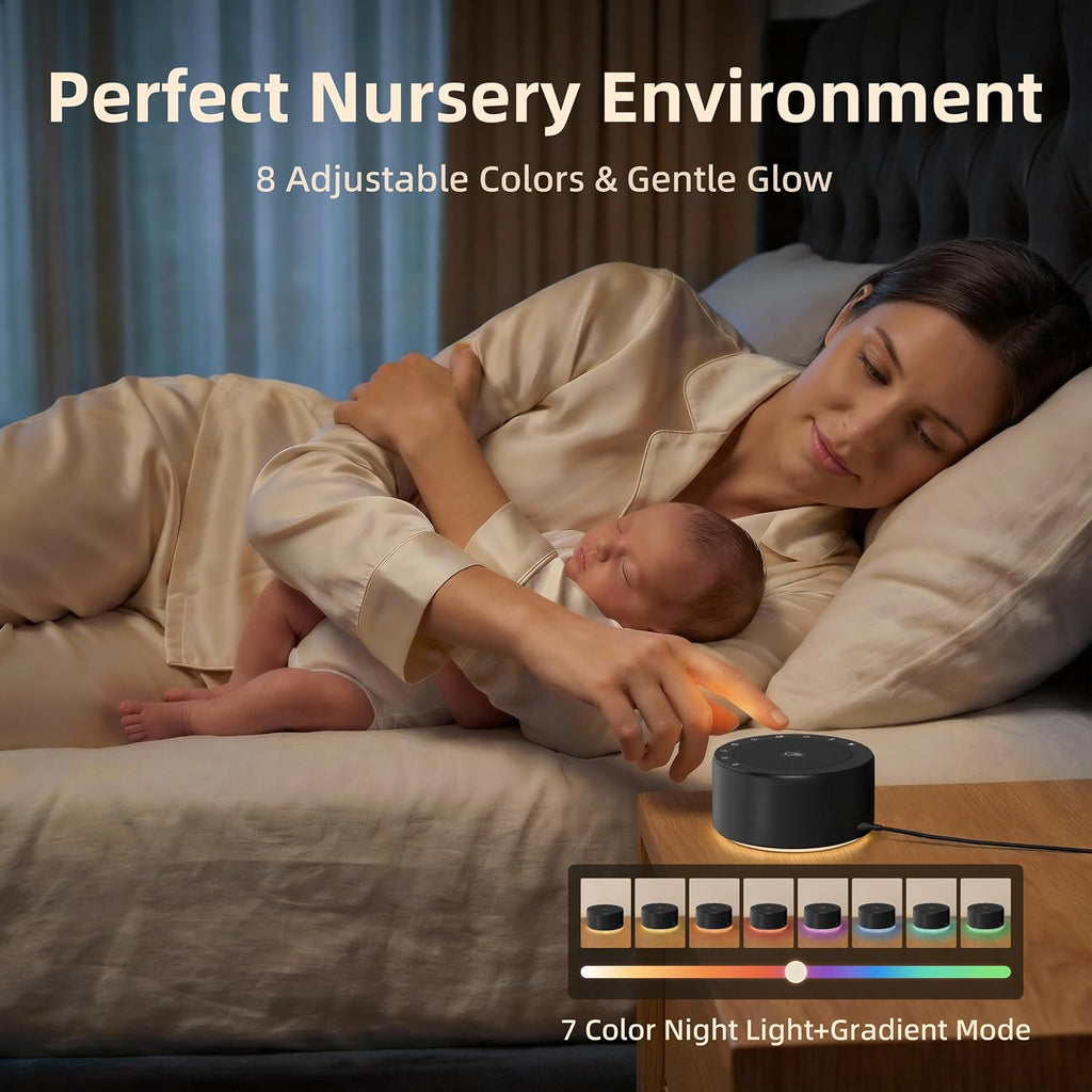 Kipcush White Noise Machine - Soft Non-Glare Nursery Lamp, 30 Soothing Sounds, 8 Color Lights, Max 8-Hour Timer for Baby & Adults (Black…