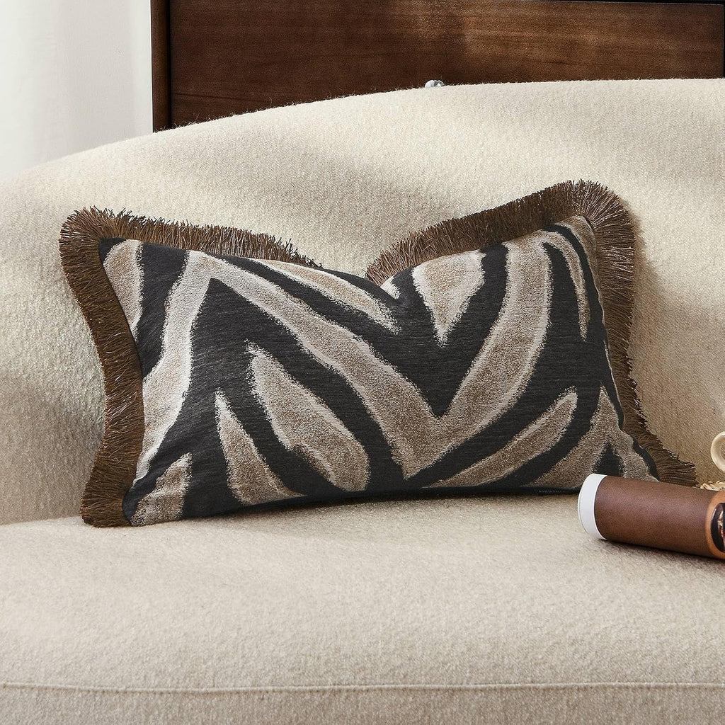 Aibuhome Luxury Zebra Lumbar Pillow Cover with Brown Tassel Trim, Zebra Pattern Jacquard Design Decorative Pillow Case for Sofa Bedroom Liv…
