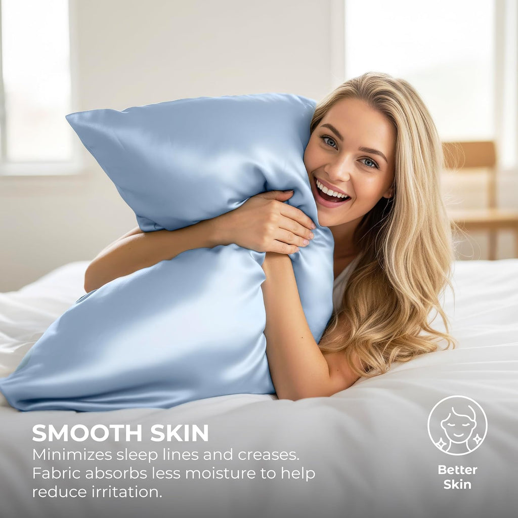 Pure Bedding Satin Pillowcase 2 Pack - Queen Size (20"x30", Baby Blue) - Silky Pillow Cases for Hair and Skin - Satin Pillow Covers with…