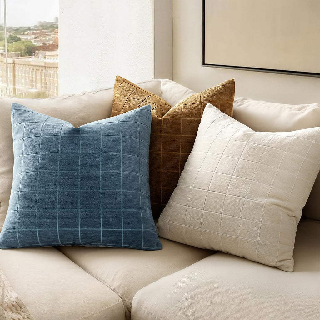 Miulee Decorative Chenille Check Throw Pillow Covers Vintage Plaid Couch Pillows 20x20 Inch Set of 2 Neutral Boho Farmhouse Cushion Covers…