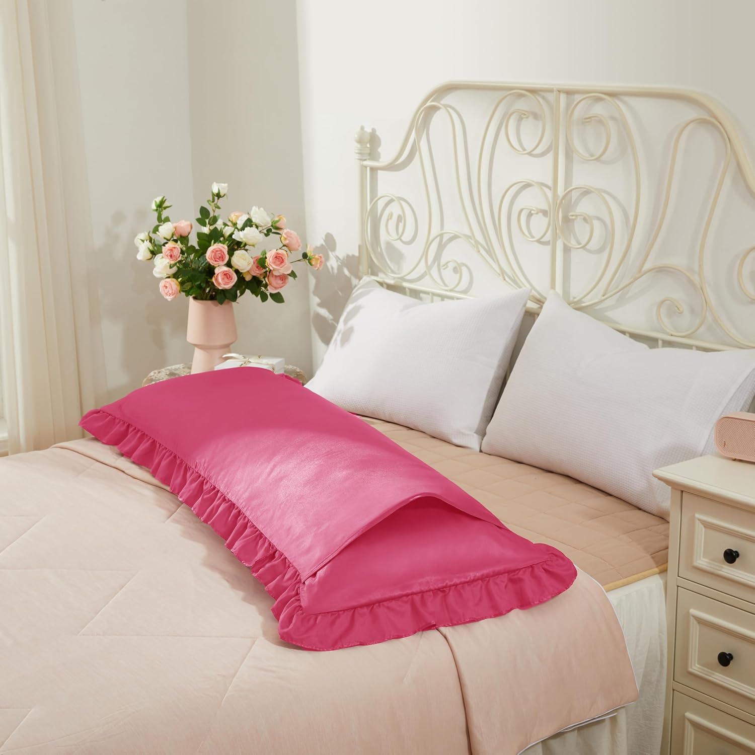 HommxJF Peach Red Satin Pillowcases Body Pillow for Hair and Skin, Peach Red Body Pillow Silk Pillowcase with Envelope Closure Princess Room…