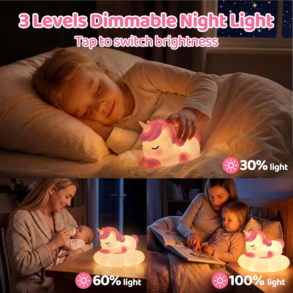 Mewaii Cloud Unicorn Night Light for Kids-Wireless Charging Cloud Base, 3-Level Dimmable 7-Color Changing & 30-Min Timer, Portable Girls Ni…