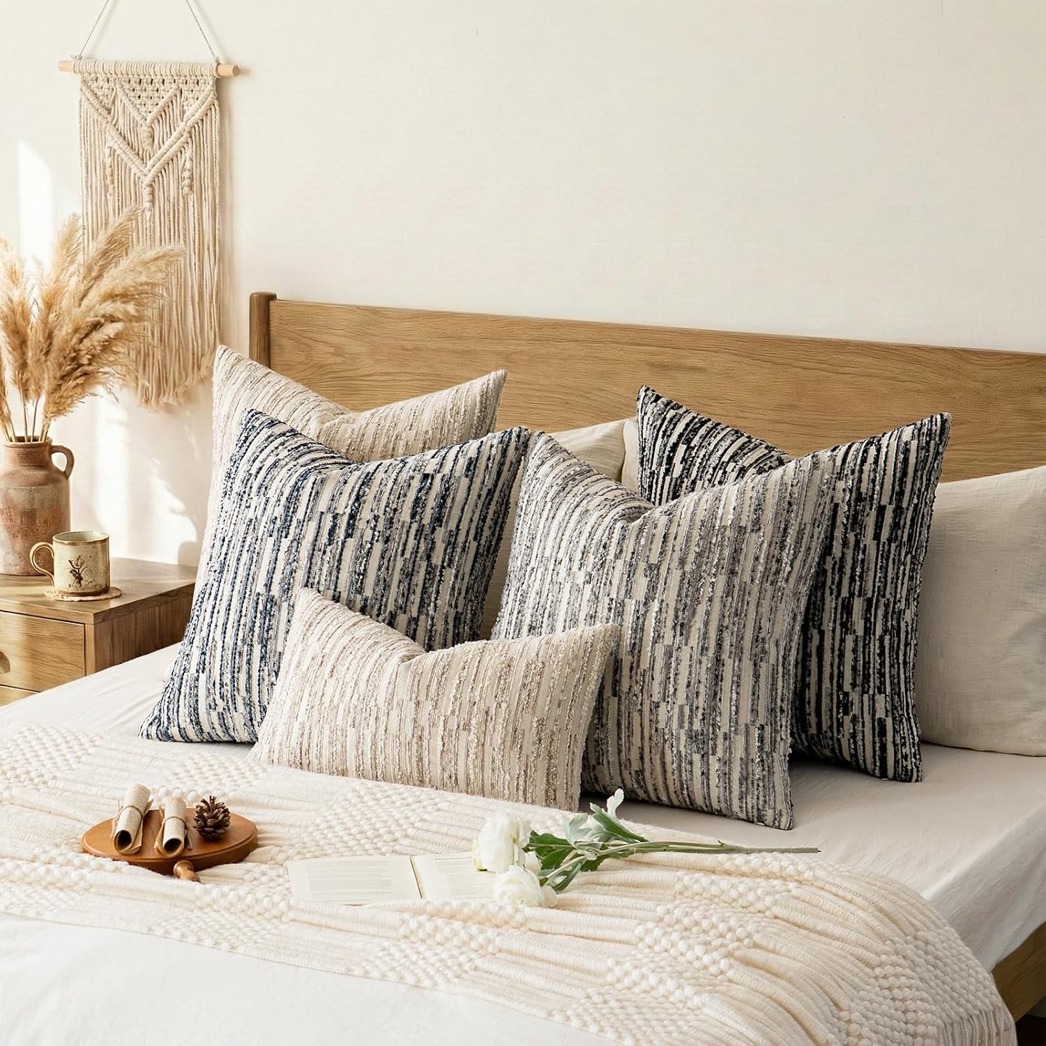 amoment a moment Boho Throw Pillow Covers Set of 2, Striped Decorative Rustic Farmhouse Pillow Cases, Aesthetic Modern Home Decor Couch Cushi…