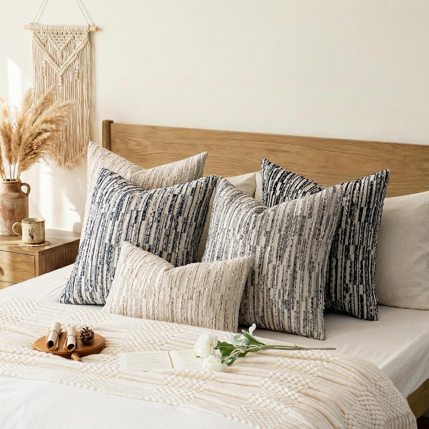 amoment a moment Boho Throw Pillow Covers Set of 2, Striped Decorative Farmhouse Pillow Cases, Aesthetic Modern Home Decor Couch Cushion Cove…