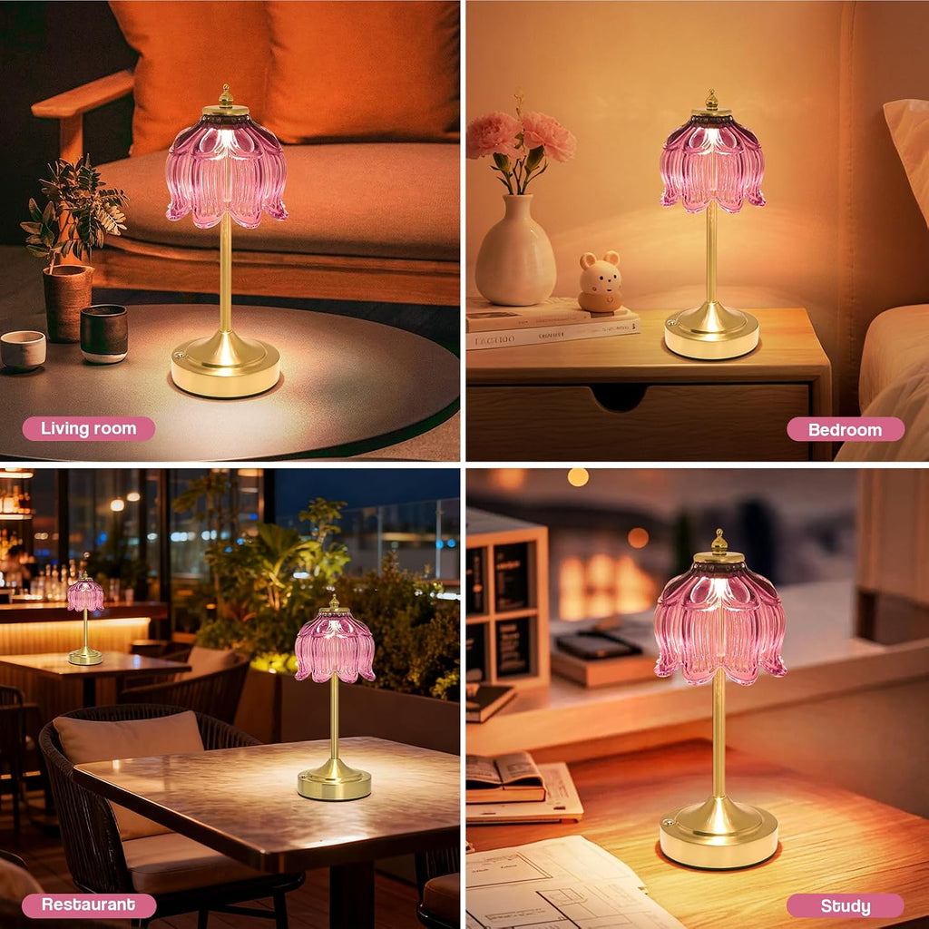 Crkwos Cordless Lotus Flower Table Lamp, 5200mAh Rechargeable Battery Operated Portable Lamp, 3-Color Dimmable Touch Control Small D…