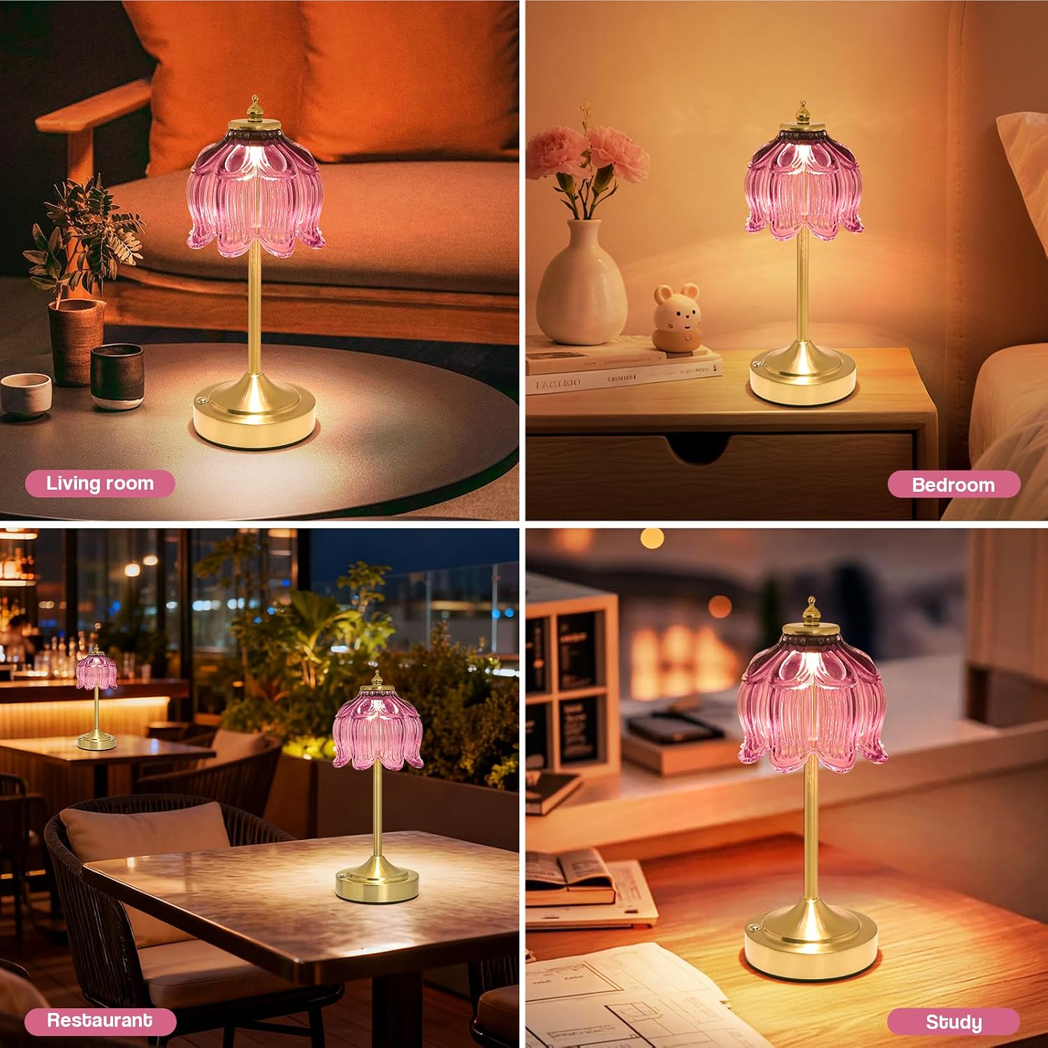 Crkwos Cordless Lotus Flower Table Lamp, 5200mAh Rechargeable Battery Operated Portable Lamp, 3-Color Dimmable Touch Control Small D…