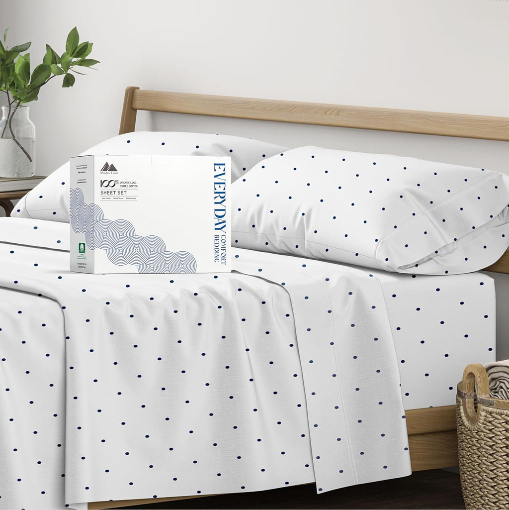 Mayfair Linen 100% Organic Cotton Printed Sheets King Size - Percale Weave Cotton King Size Sheet Set (4 PC, Navy Polka Dot), Soft &…