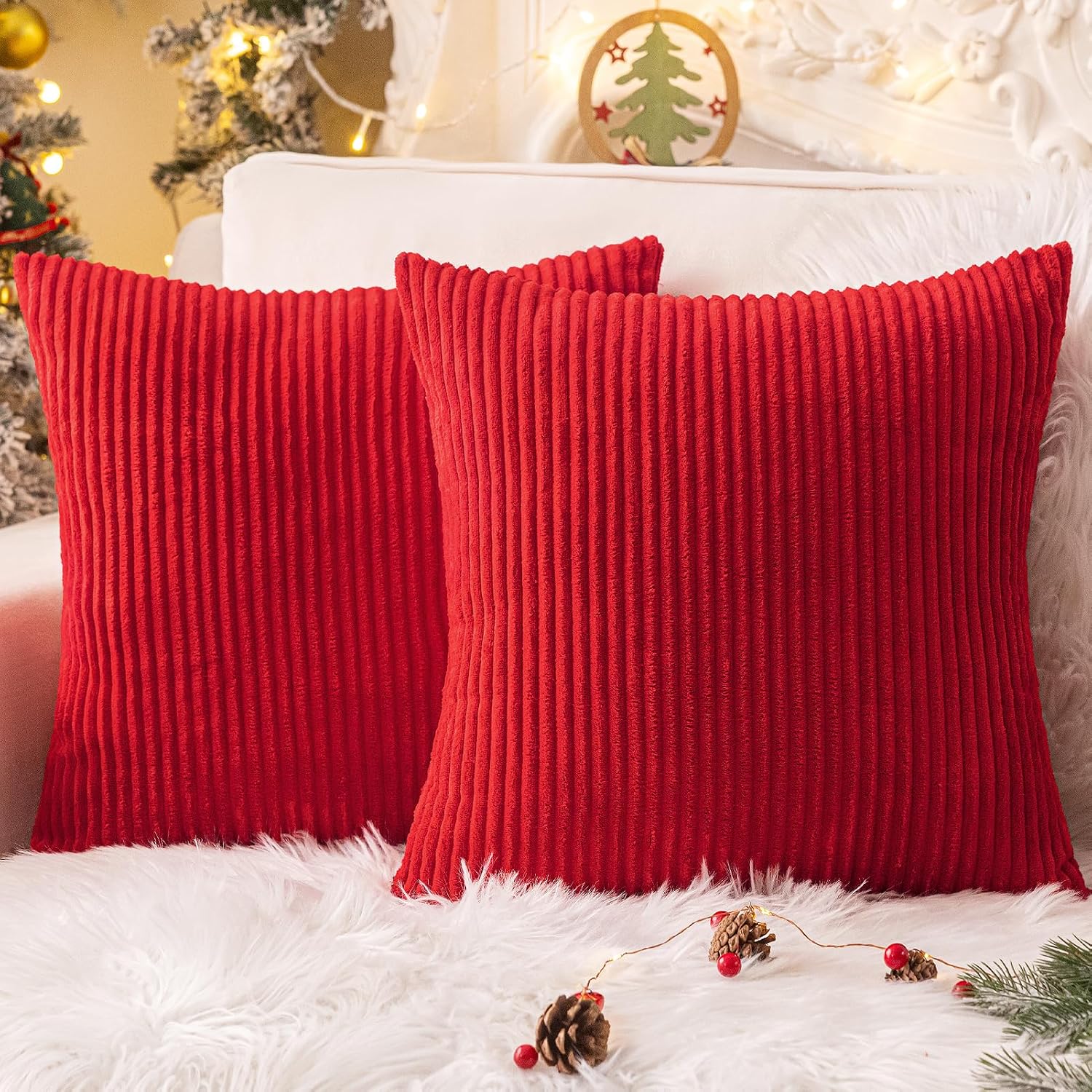 Softalker Christmas Pillow Covers 20x20 Set of 2, Super Soft Boho Striped Corduroy Pillow Cover, Xmas Decorative Throw Pillows for Sofa Cou…
