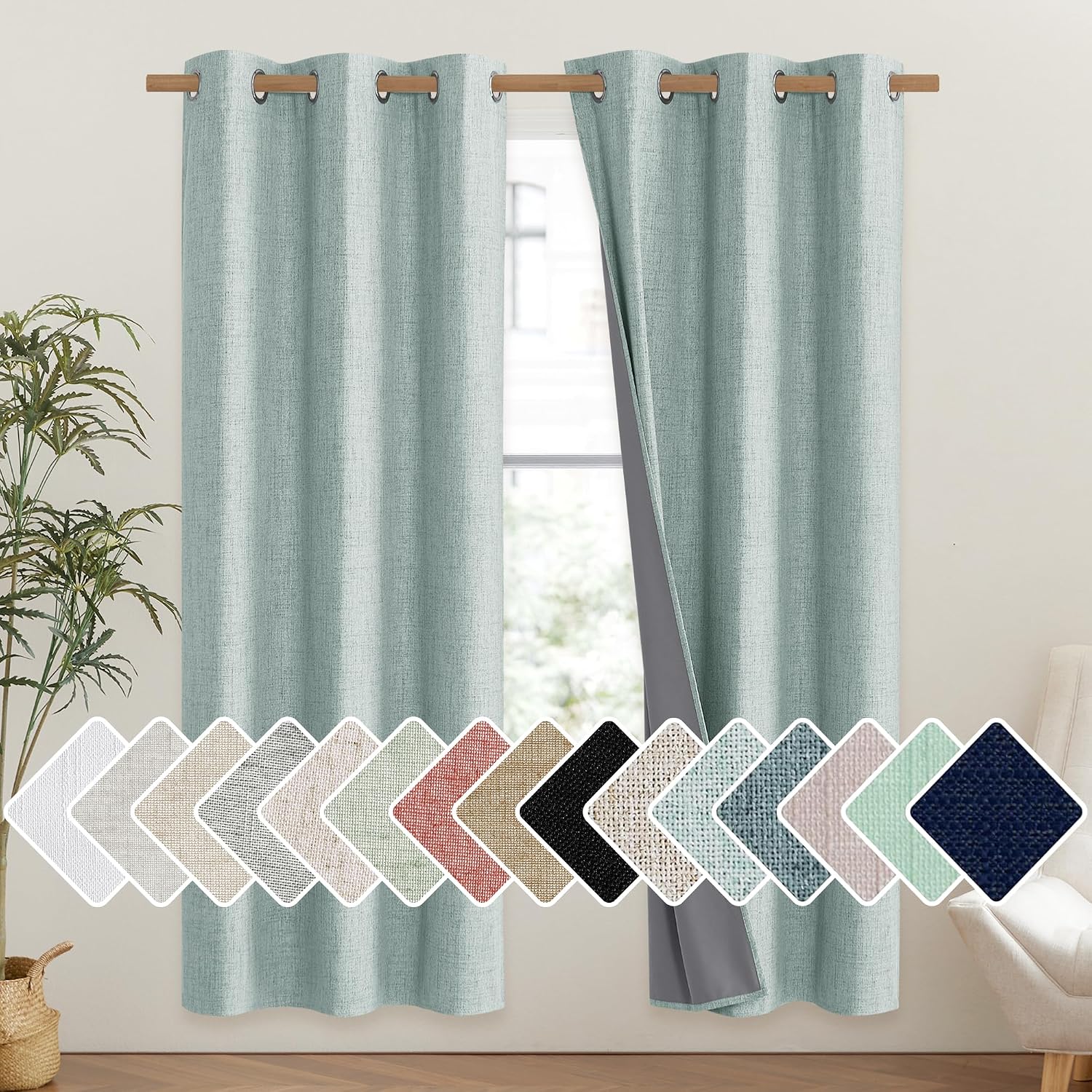 NICETOWN 100% Absolutely Blackout Linen Curtains with Thermal Insulated Liner, Seafoam Green, 42" Wide, 72" Length Energy Saving Curtains…