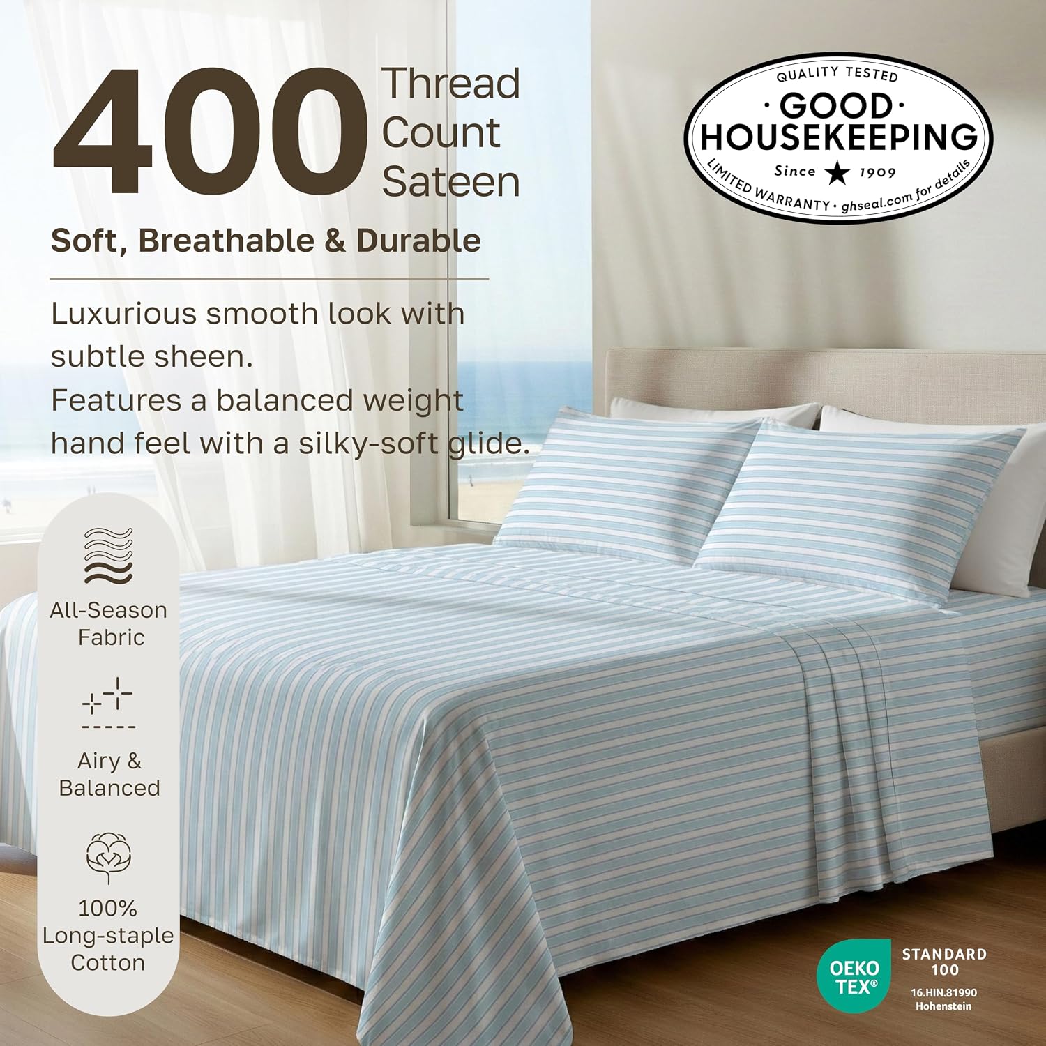 CaliforniaDesignDen California Design Den Soft 100% Cotton Sheets King Size Set, 400 TC Good Housekeeping Award Winner, Smooth Sateen Finis…