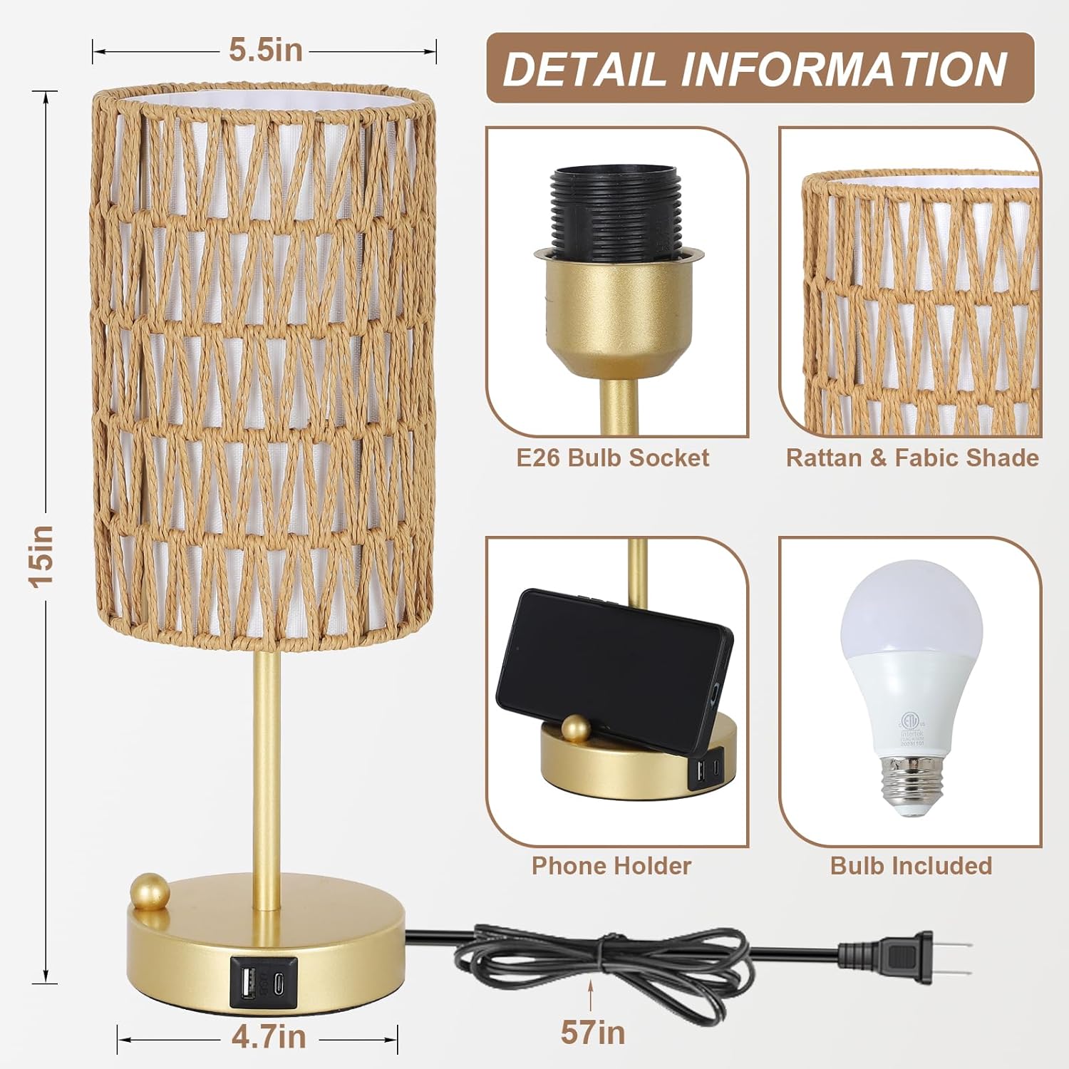 Gold Table Lamp for Bedroom with Bulb, Small Touch Control Table Lamp for Living Room with Rattan & Linen Shade, 3 Way Dimmable Bedside…