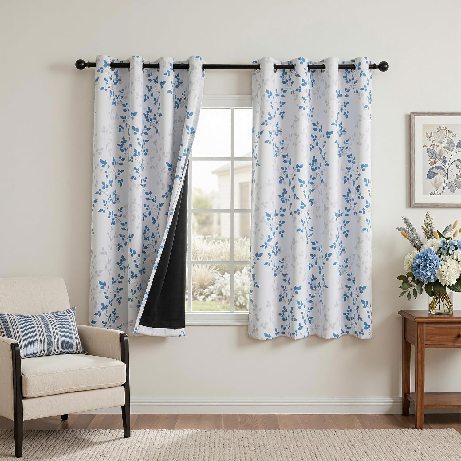 Meetsky Blue 95% Blackout Curtains 63 Inches Long for Bedroom - Leaf Patterned Room Darkening Curtain for Kids Room, Thermal Insulated Drap…