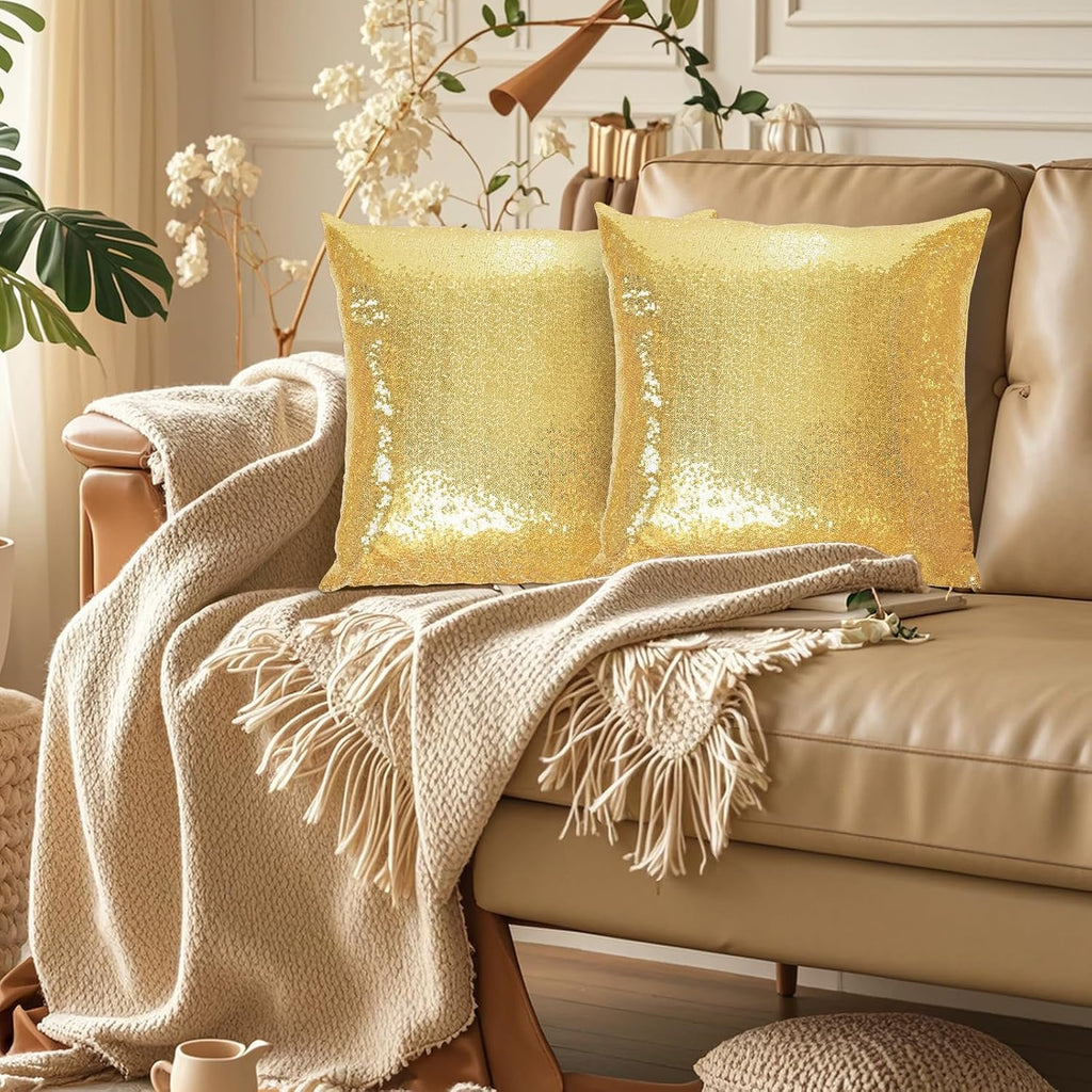 Eternal Beauty Set of 2 Sequin Decorative Pillow Cover Gold Pillow Covers for Couch Sofa Throw Pillows 20 X 20 Inches