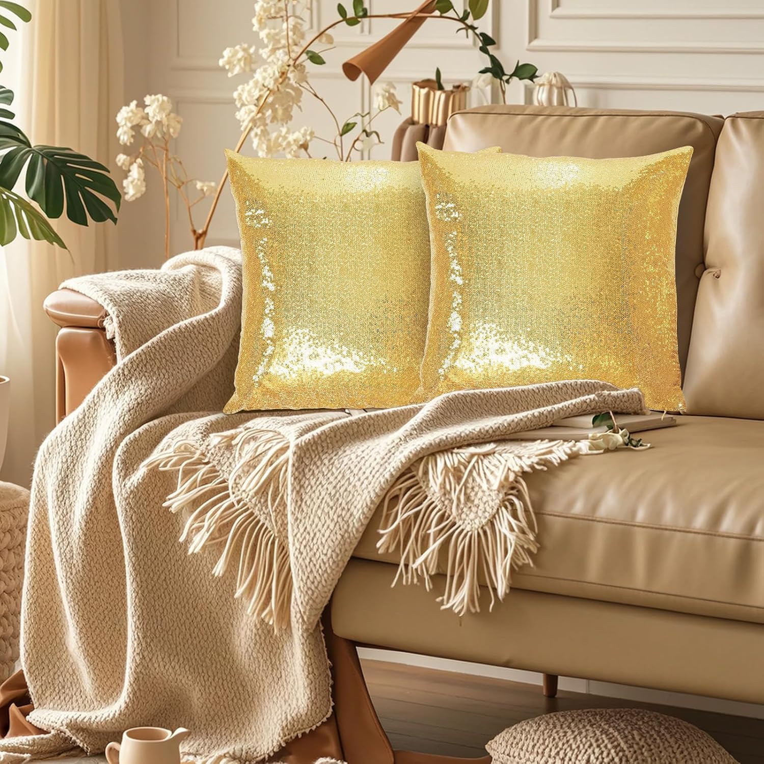 Eternal Beauty Set of 2 Sequin Decorative Pillow Cover Gold Pillow Covers for Couch Sofa Throw Pillows 20 X 20 Inches