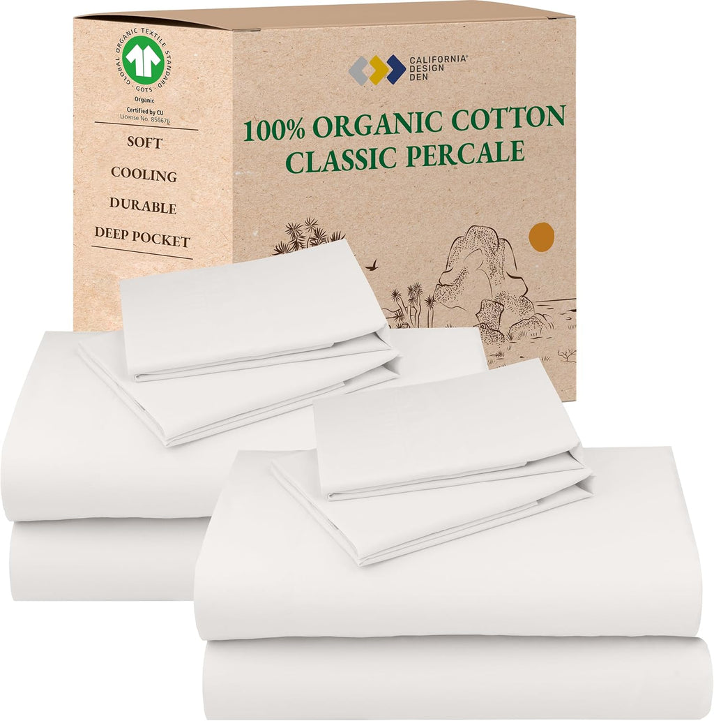 CaliforniaDesignDen California Design Den Pack of 2 100% Organic Cotton Percale Sheets Queen Size Set - Crisp and Breathable Percale, Deep…
