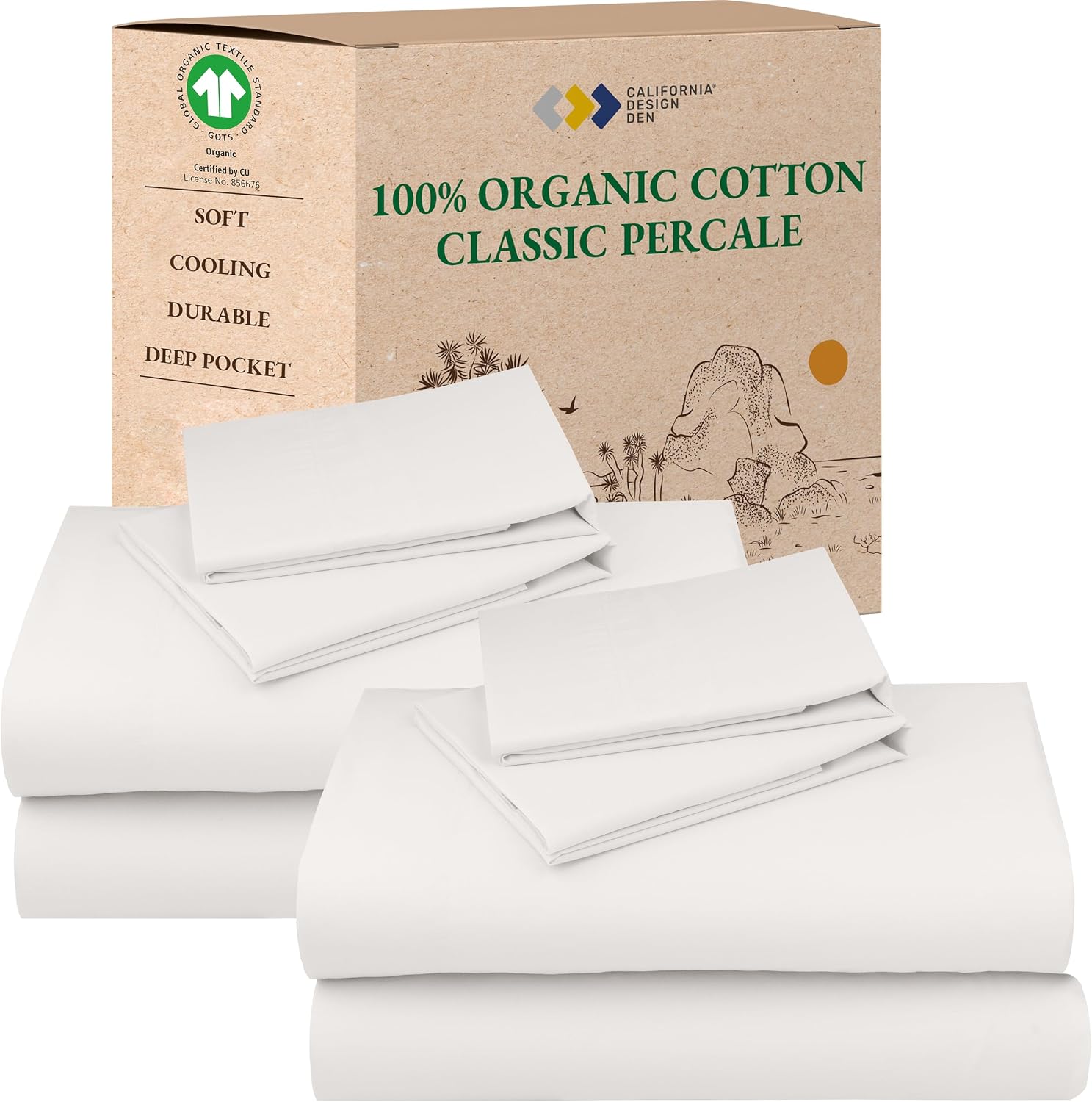 CaliforniaDesignDen California Design Den Pack of 2 100% Organic Cotton Sheet Sets Full Size Bed - Crisp Percale Feel, Deep Pocket Sheets,…