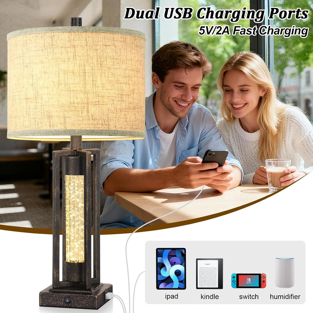 Tobusa 26’’ Vintage Table Lamps for Living Room Set of 2, Rustic Lamps for Bedroom with 2 USB Ports and Crystal Night Light, Farmhouse Beds…