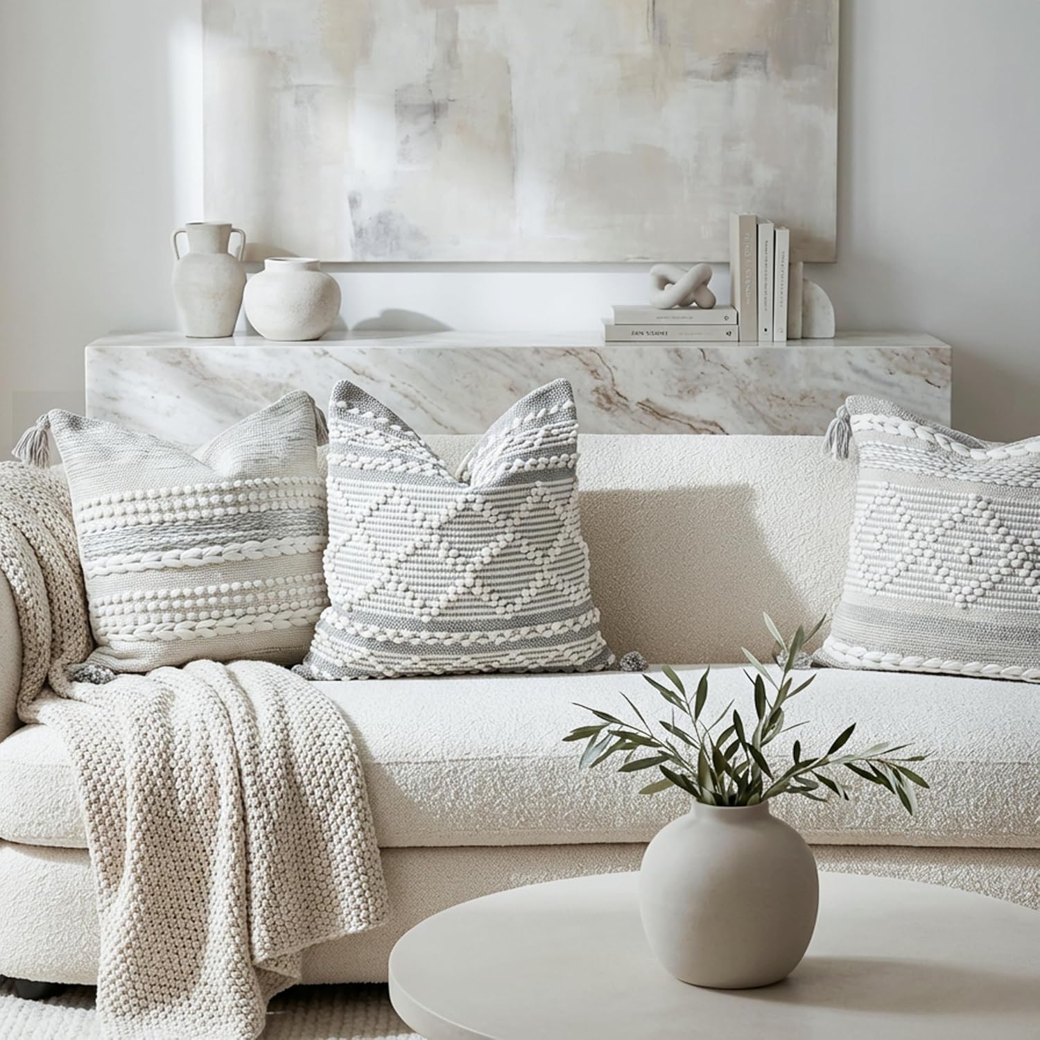 BlissBlush Gray White Decorative Throw Pillow Cover 20X20, Boho Accent Pillow for Couch, Square Modern Farmhouse Pillowcase for Living…