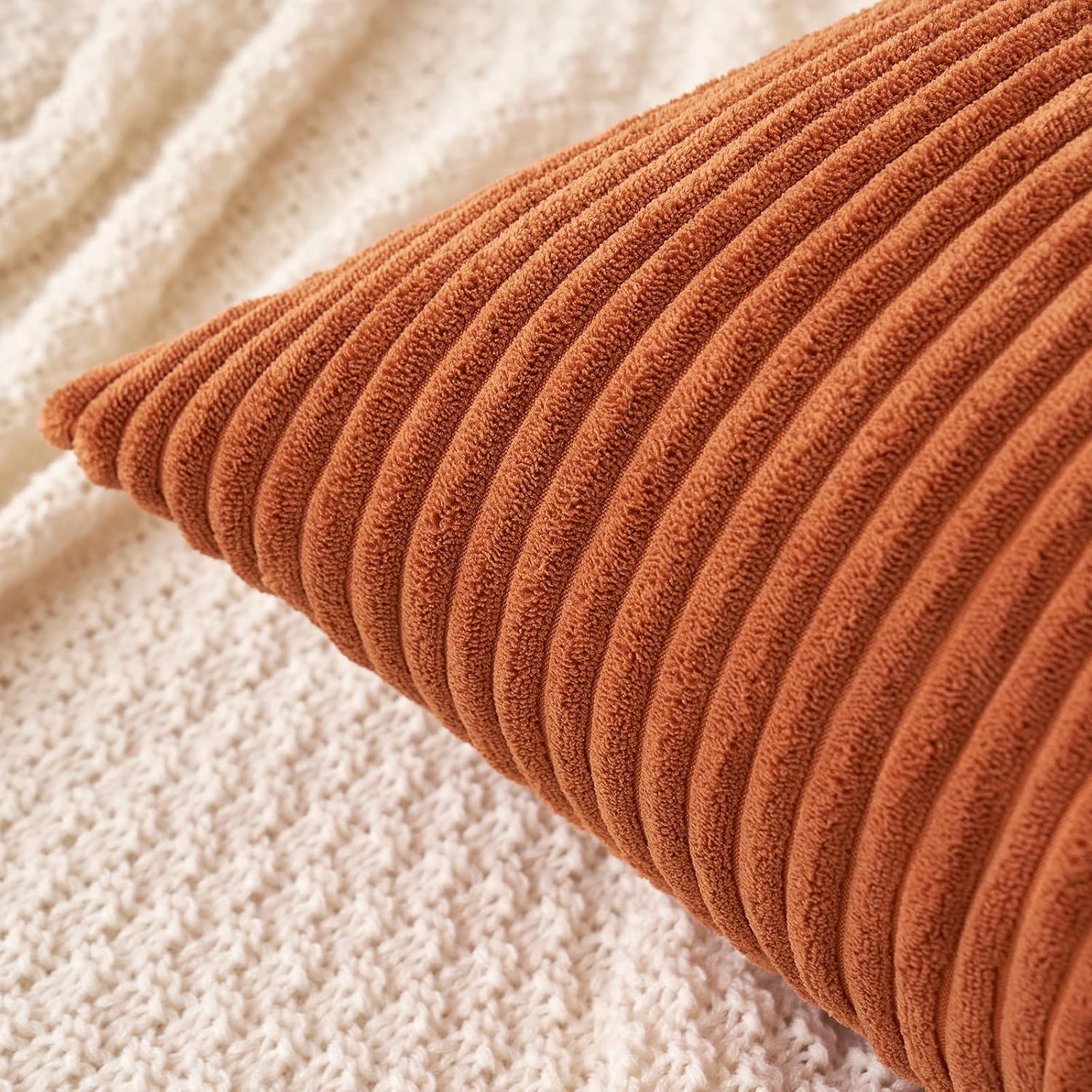 MIULEE Pack of 2 Rust Pillow Covers 12x20 Inch Soft Boho Striped Corduroy Throw Pillow Covers Set Decorative Square Cushion Cases…