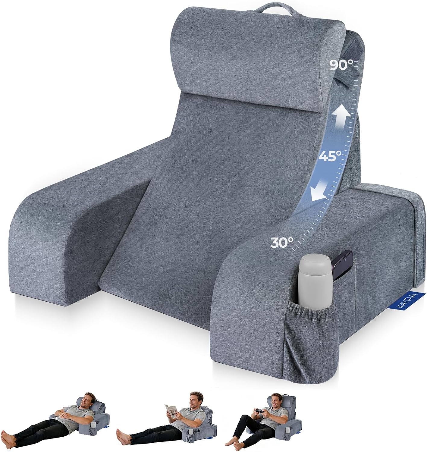 Reading Pillow with 30-90° Stepless Adjustable Angle & Height, 2 in 1 Back Wedge Pillow for Bed Sitting up with Detachable Arms Rest…