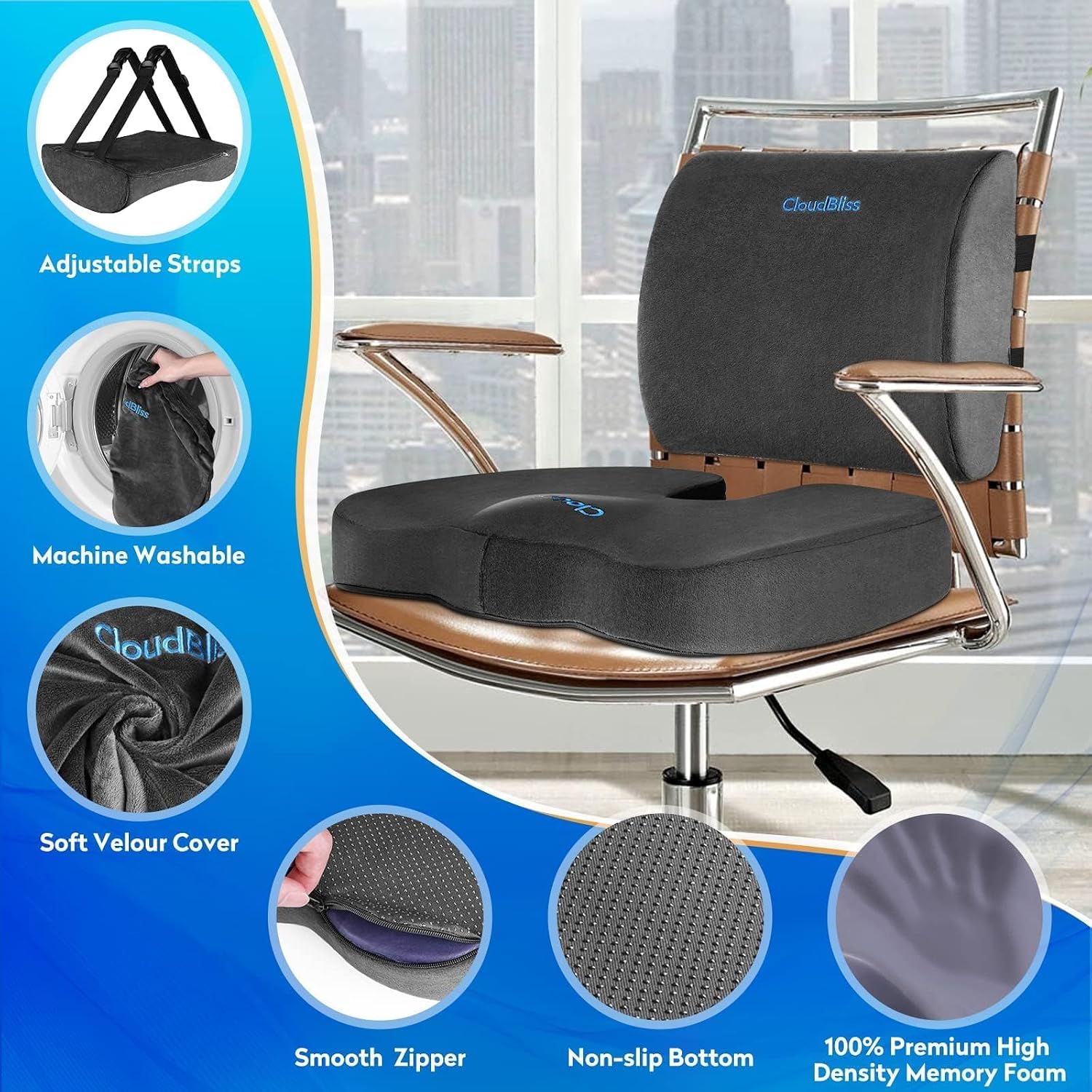 CloudBliss Lumbar Support Pillow & Seat Cushion Set for Office Chair, Desk Chair, Wheelchair & Car – Memory Foam Back Support, Ergonomic Ch…