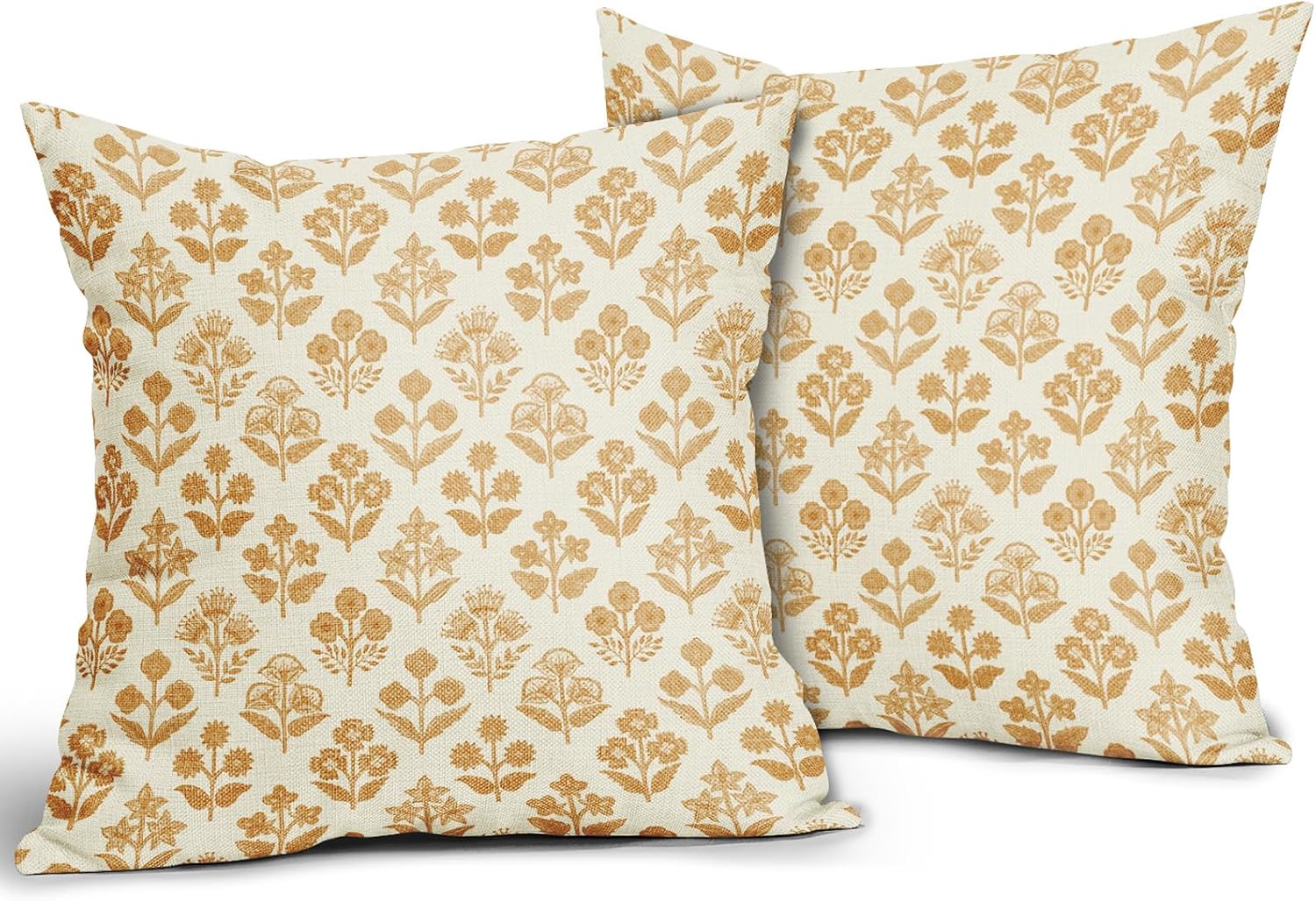 Mustard Yellow Floral Pillow Covers 24x24 Inch Set of 2, Vintage Flower Block Print Pattern Decorative Throw Pillowcases Outdoor…