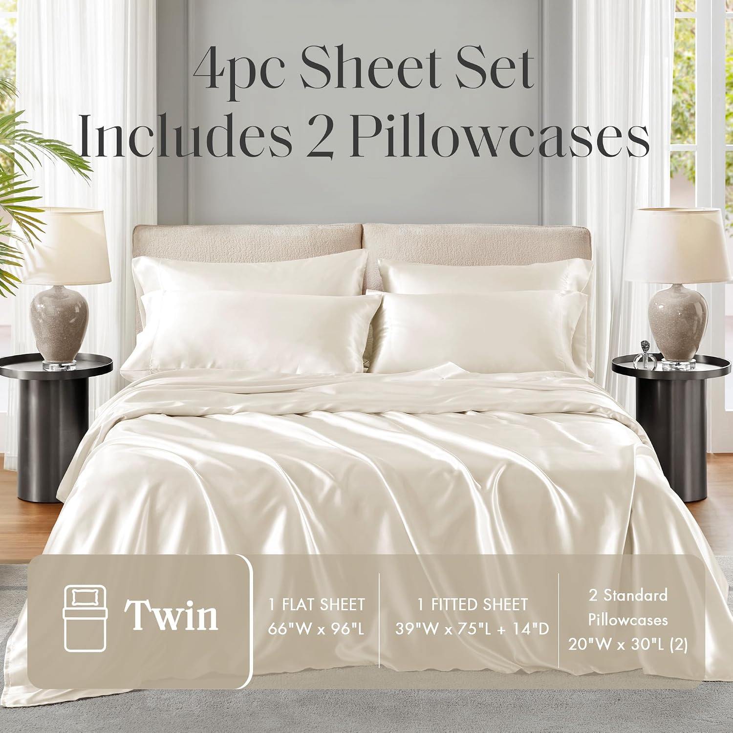 Madisonpark Madison Park Satin Sheets Twin Size, Luxurious Silky Bed Sheets, Elastic 14" Pocket fits up to 16" Mattress, Wrinkle-Free, Soft…