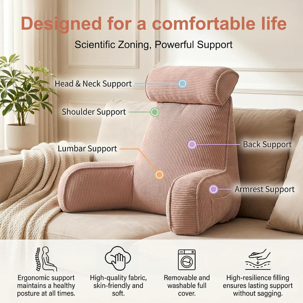 Ailuteie Reading Pillow for Sitting Up in Bed, Bed Rest Backrest Pillow with Arms, Corduroy Back Support Cushion with Side Pockets & Washab…