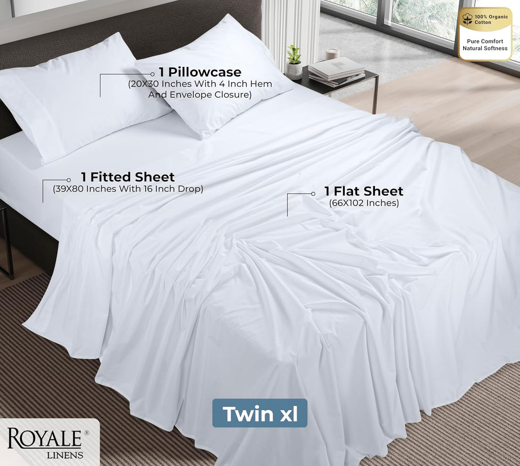 Royalelinens ROYALE LINENS 100% Organic Cotton Twin XL Sheet Set - Percale Weave - 3 Pieces Set - 1 Flat, 1 Deep Pocket Fitted Sheet and 1…