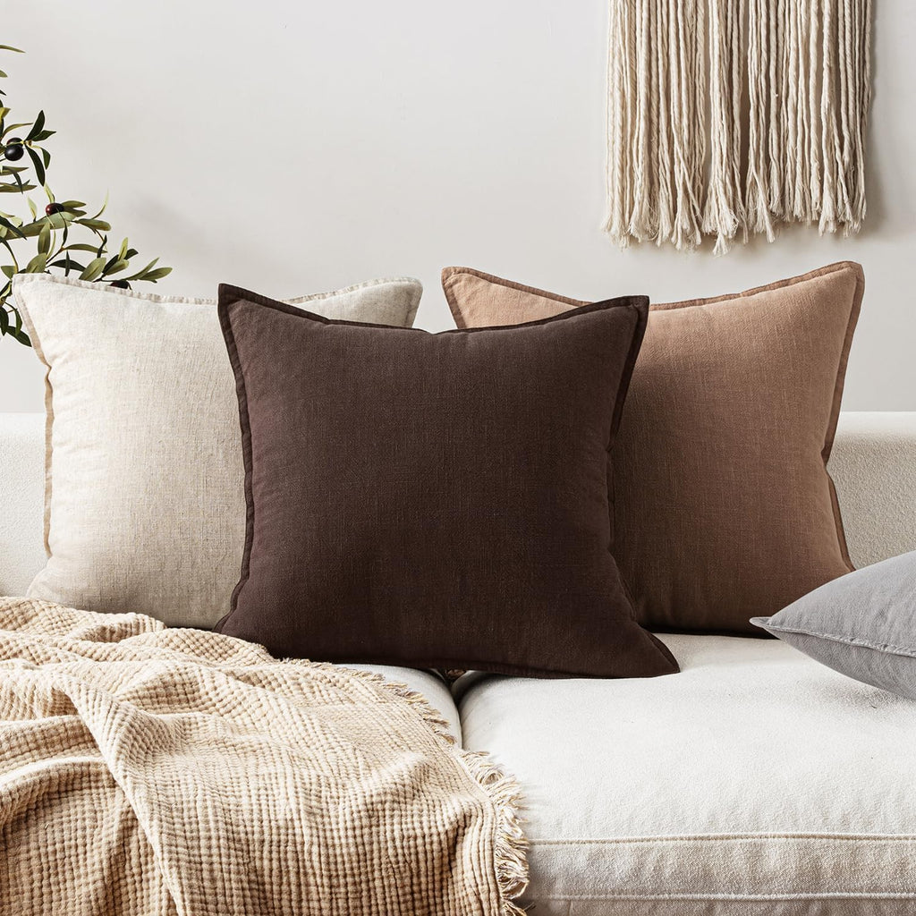 EMEMA Throw Pillow Covers Decorative Linen Pillow Covers 22x22 Inch Dark Brown Boho Farmhouse Neutral Couch Throw Pillows for Bed Pack of…