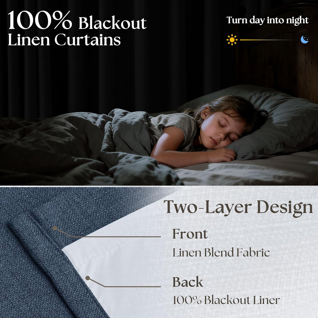 Twodrapes Navy Pinch Pleated Blackout 102 Inch Bedroom Curtains 2 Panels Set Linen Dual Layer Soundproof Dark Blue Window Drapes for Living…