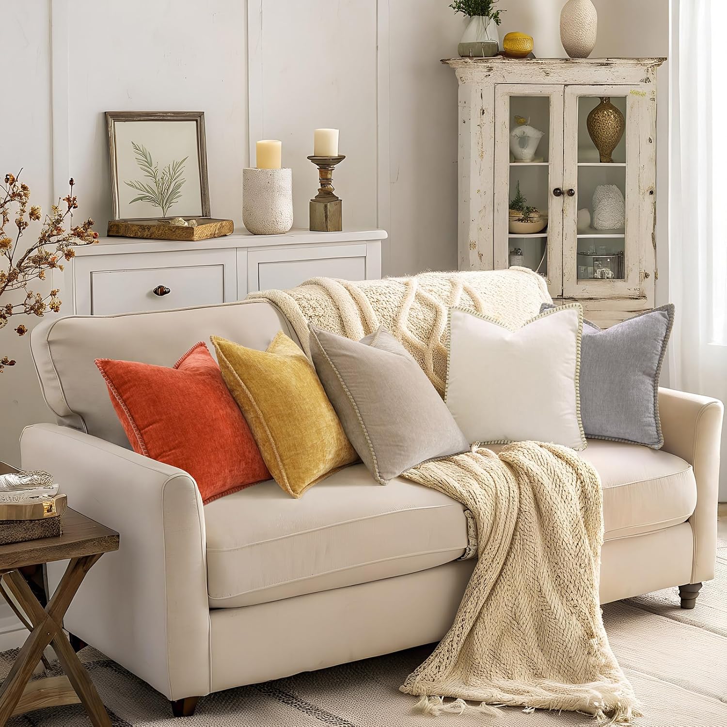 decorUhome Summer Chenille Soft Cozy Throw Pillow Covers 22x22 Set of 2, Modern Farmhouse Boho Velvet Decorative Euro Sham Pillow Cases wit…