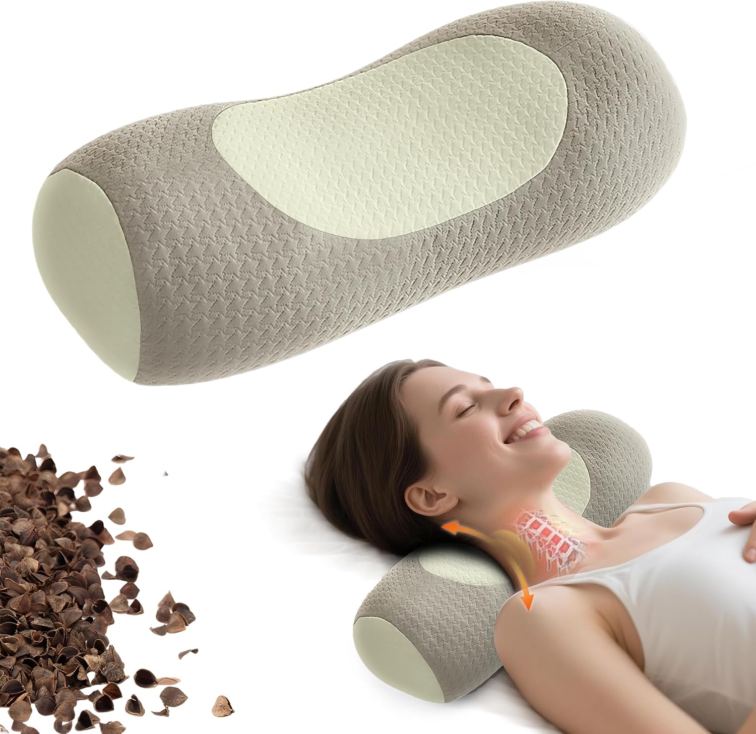 Qirelle Organic Buckwheat Cervical Neck Pillow, Adjustable Neck Roll for Sleeping, Ergonomic Neck Support Bolster for Side & Back Sl…