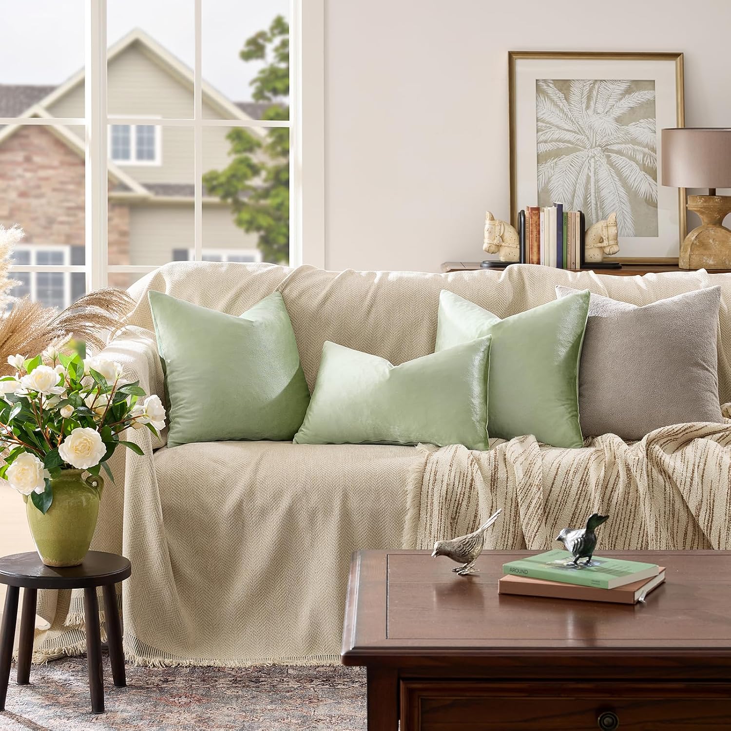 GIGIZAZAFocusingonhomedecoration GIGIZAZA Throw Pillow Covers 22x22 Inch Sage Green Velvet Pillows Decorative Covers Pack of 2 for Sofa Pil…