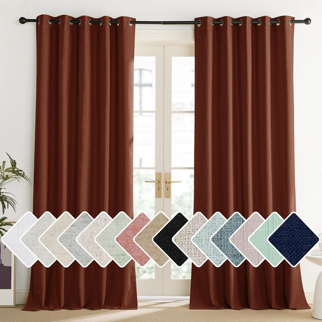 NICETOWN 100% Absolutely Blackout Linen Curtains with Thermal Insulated Liner, 62" Wide, 2 Panels, 120" Long Drapes, Grommet Retro Burnt…
