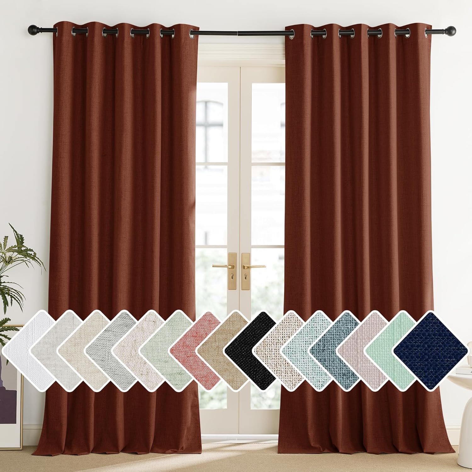 NICETOWN 100% Absolutely Blackout Linen Curtains with Thermal Insulated Liner, 62" Wide, 2 Panels, 120" Long Drapes, Grommet Retro Burnt…