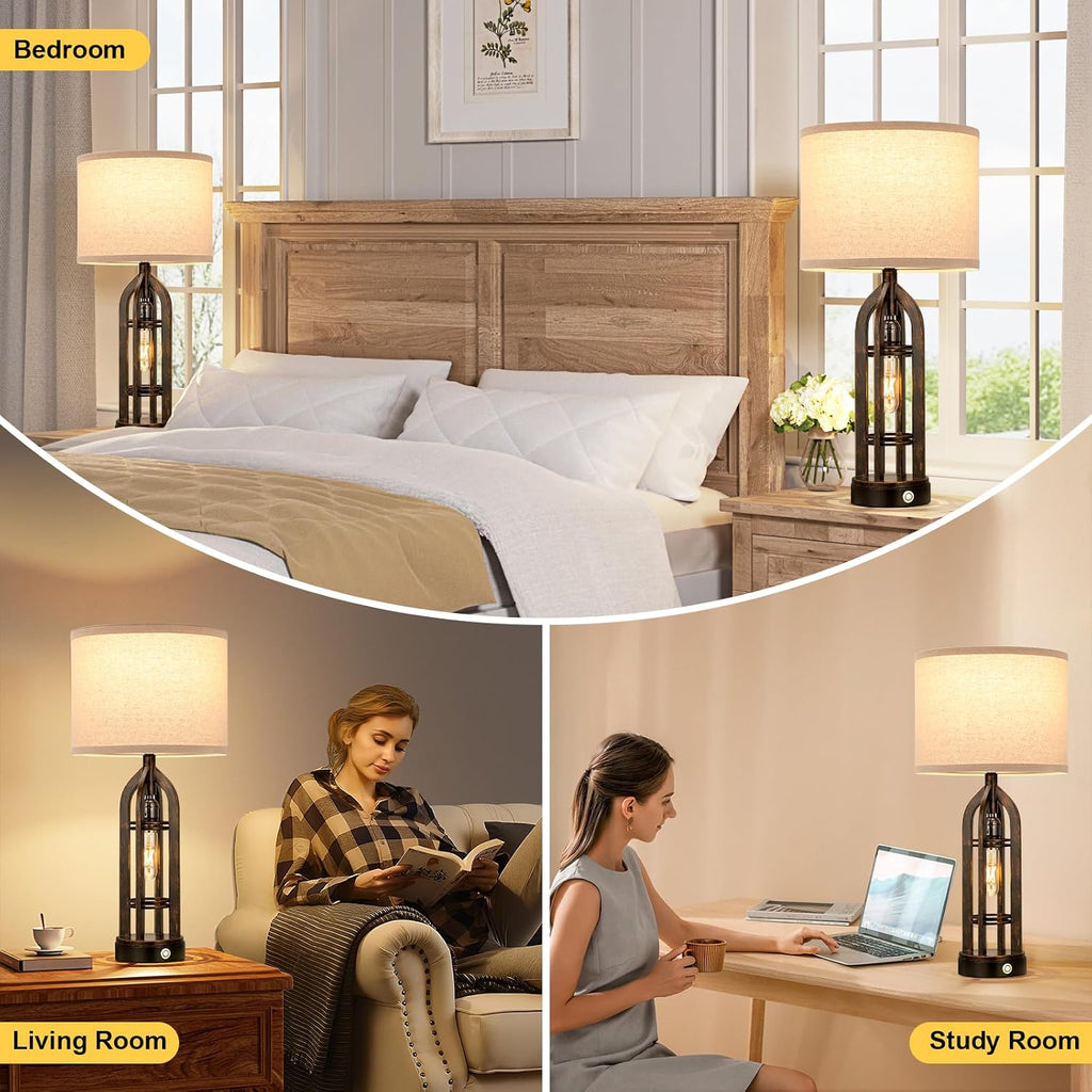 Seealle Table Lamp for Living Room Set of 2 - Copper Bedside Lamp for Bedroom with USB C+A & Outlet, Farmhouse Lamps for Night Stands…