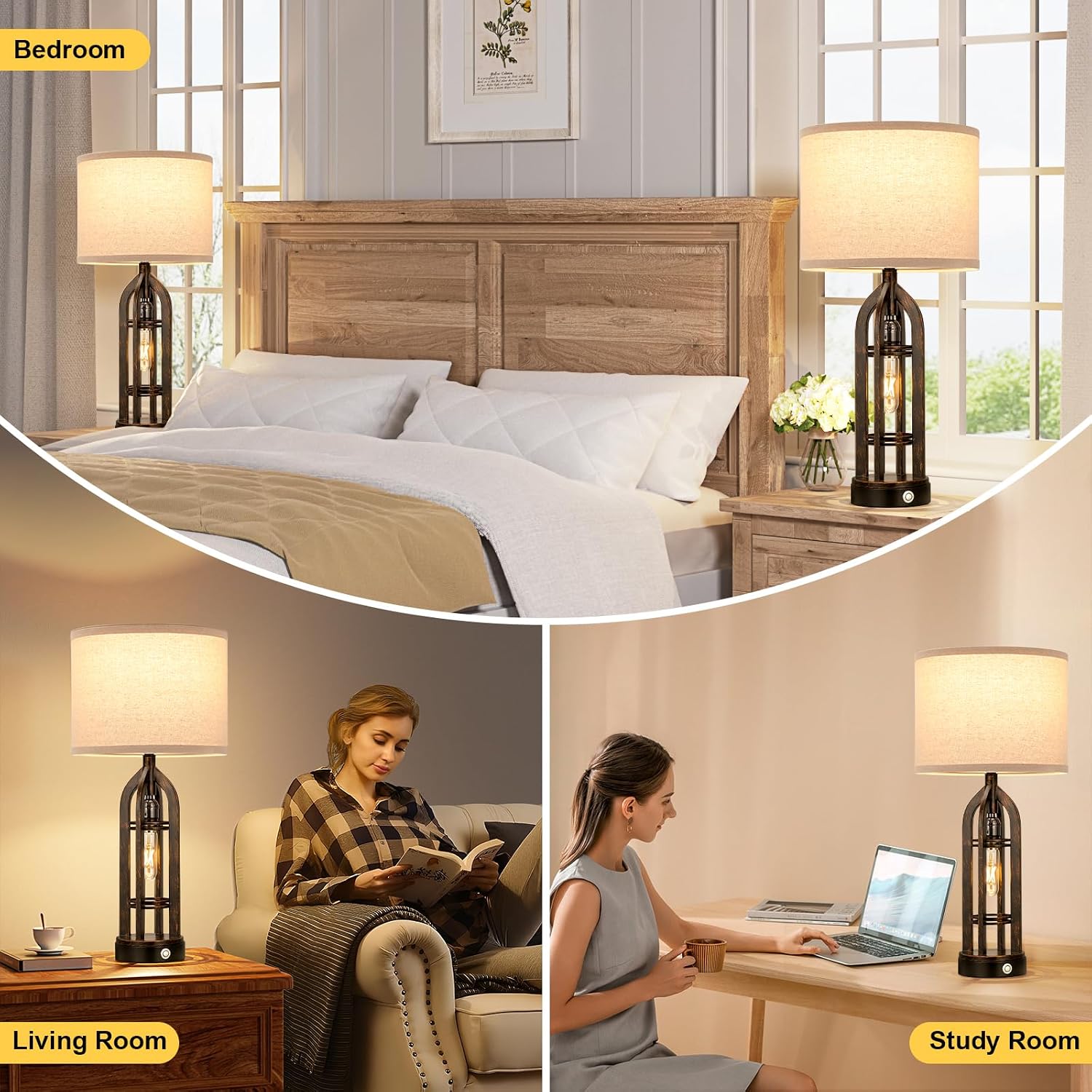 Seealle Table Lamp for Living Room Set of 2 - Copper Bedside Lamp for Bedroom with USB C+A & Outlet, Farmhouse Lamps for Night Stands…
